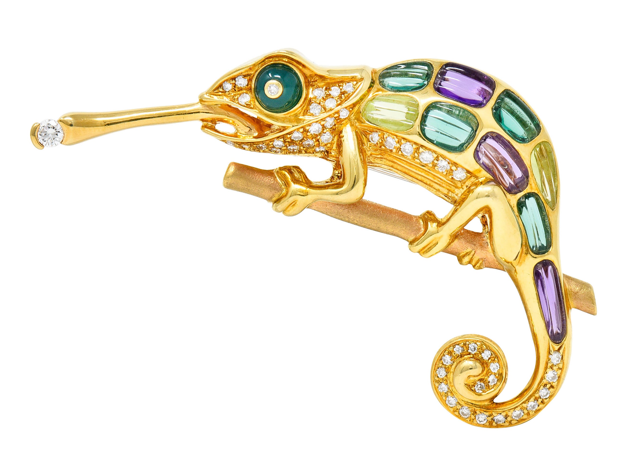 Vintage Diamond Multi-Gem 18 Karat Gold Carved Stone Chameleon BroochBrooch - Wilson's Estate Jewelry