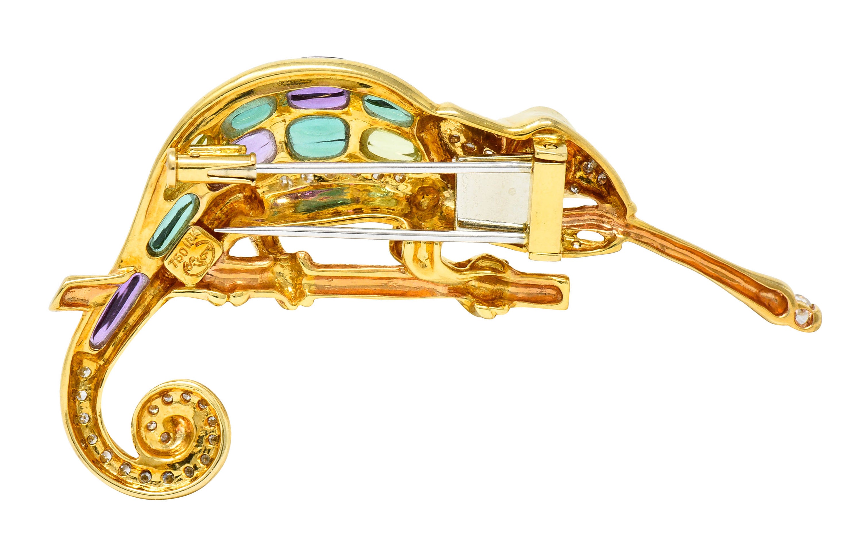 Vintage Diamond Multi-Gem 18 Karat Gold Carved Stone Chameleon BroochBrooch - Wilson's Estate Jewelry