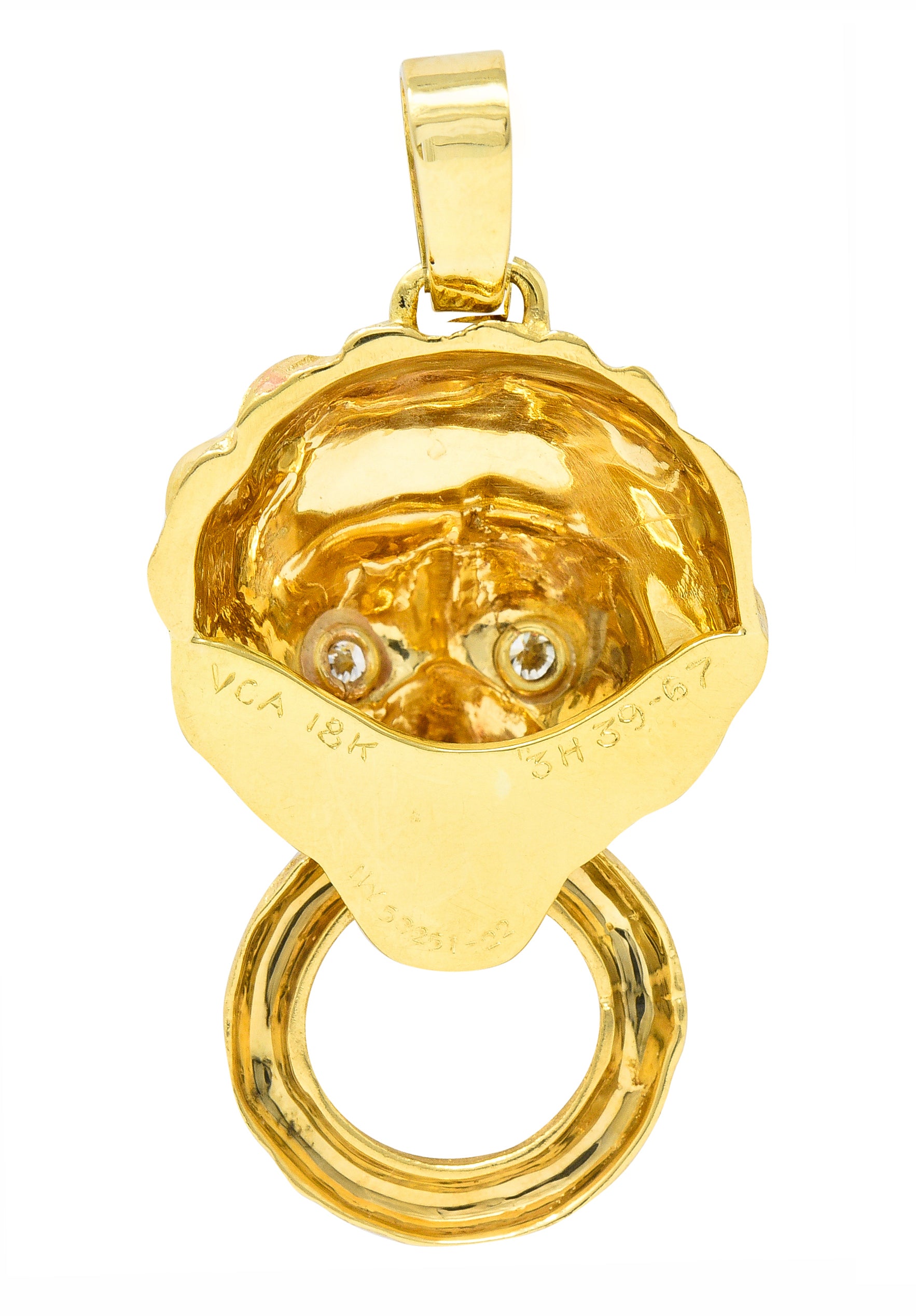 Van Cleef & Arpels 1970's Diamond 18 Karat Yellow Gold Barquerolles Lion Door Knocker Pendant Wilson's Estate Jewelry