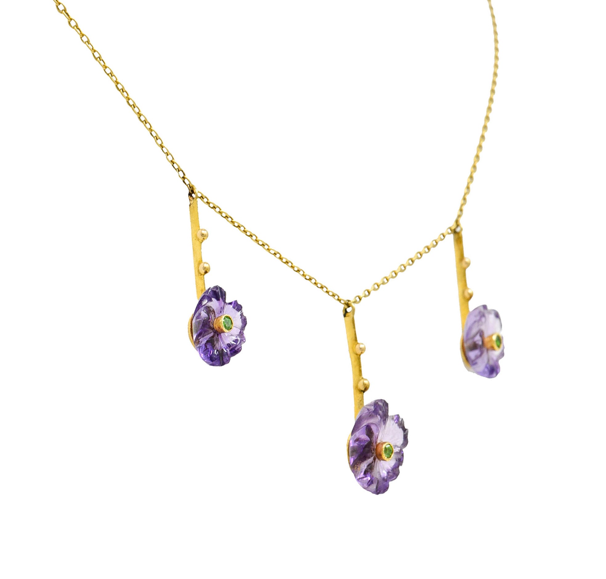 Victorian Amethyst Demantoid Garnet 18 Karat Gold Flower Drop NecklaceNecklace - Wilson's Estate Jewelry