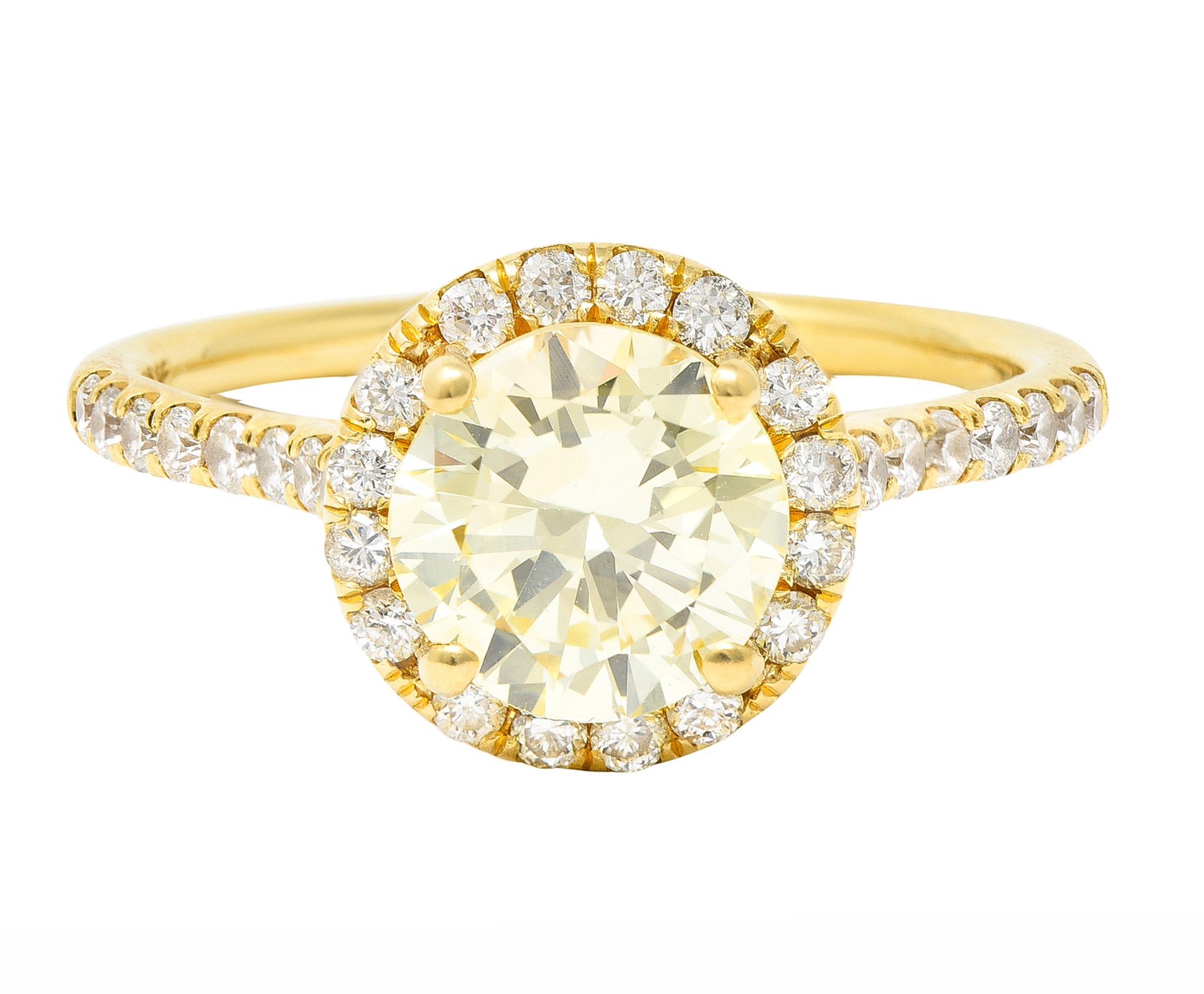 Contemporary 1.65 CTW Fancy Light Yellow Diamond 18 Karat Yellow Gold Halo Engagement Ring GIA Wilson's Estate Jewelry