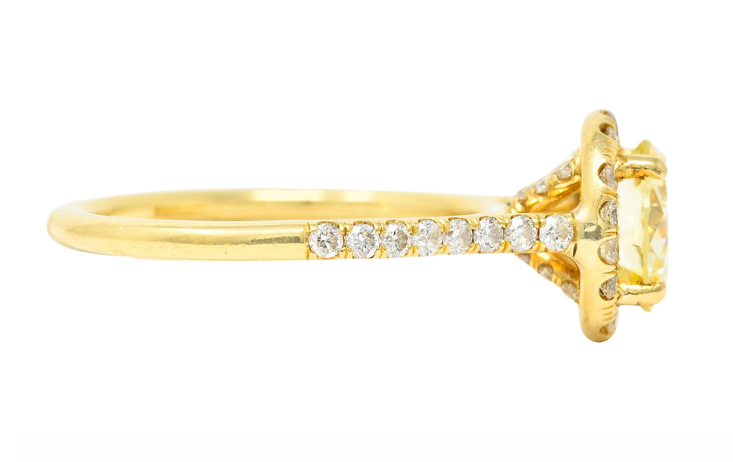 Contemporary 1.65 CTW Fancy Light Yellow Diamond 18 Karat Yellow Gold Halo Engagement Ring GIA Wilson's Estate Jewelry