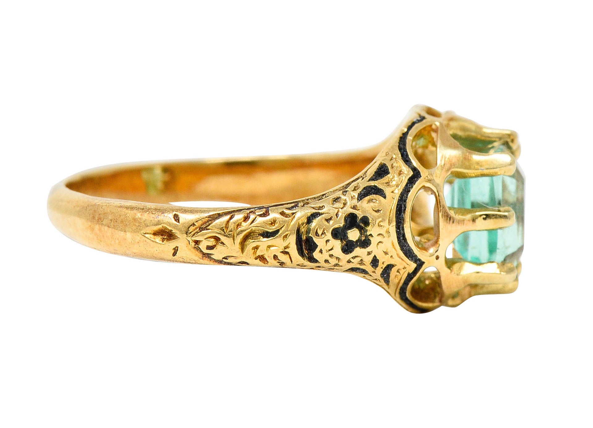 Victorian 0.90 CTW Emerald Enamel 14 Karat Yellow Gold Floral RingRing - Wilson's Estate Jewelry