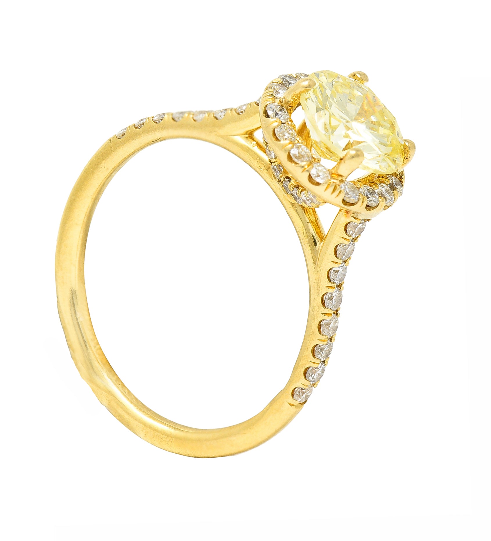 Contemporary 1.65 CTW Fancy Light Yellow Diamond 18 Karat Yellow Gold Halo Engagement Ring GIA Wilson's Estate Jewelry