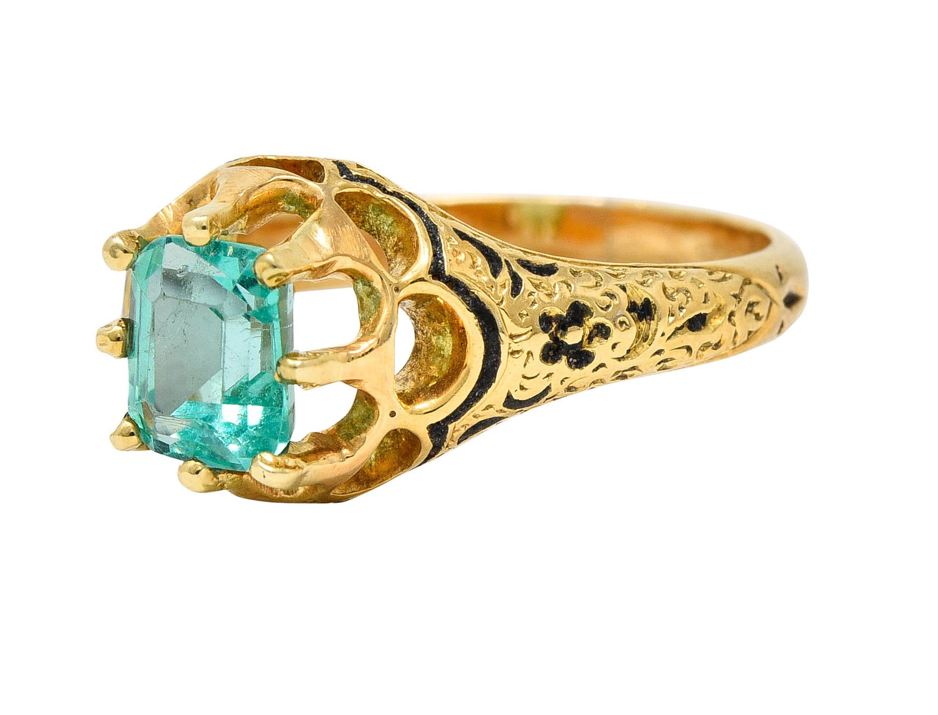 Victorian 0.90 CTW Emerald Enamel 14 Karat Yellow Gold Floral RingRing - Wilson's Estate Jewelry