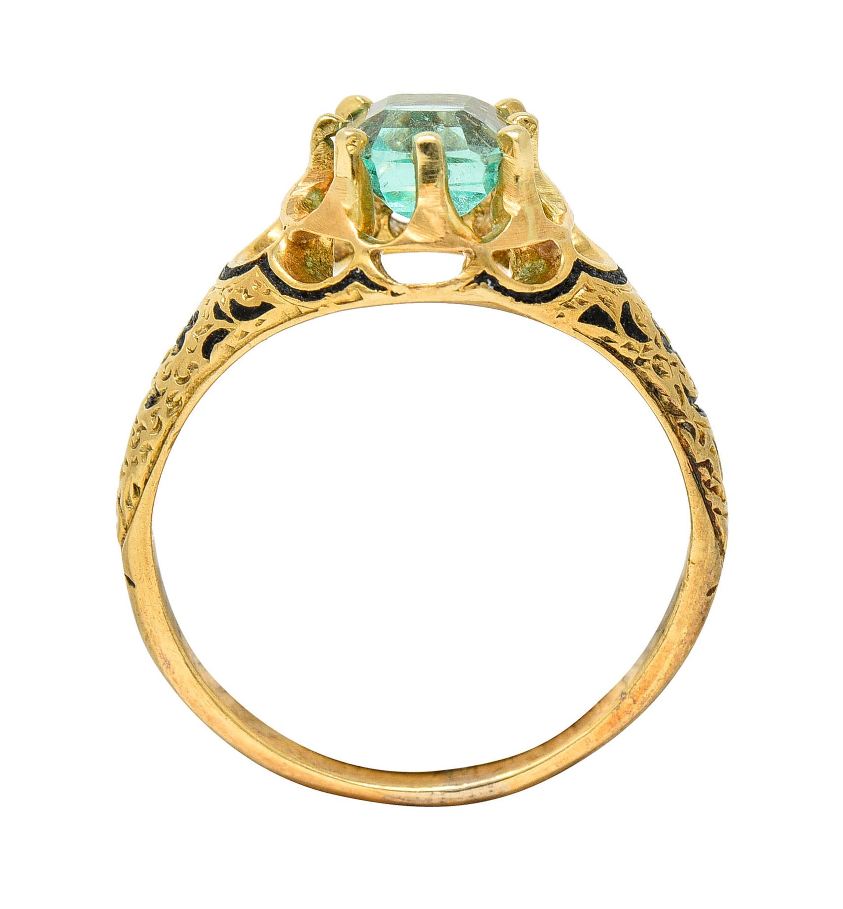 Victorian 0.90 CTW Emerald Enamel 14 Karat Yellow Gold Floral RingRing - Wilson's Estate Jewelry