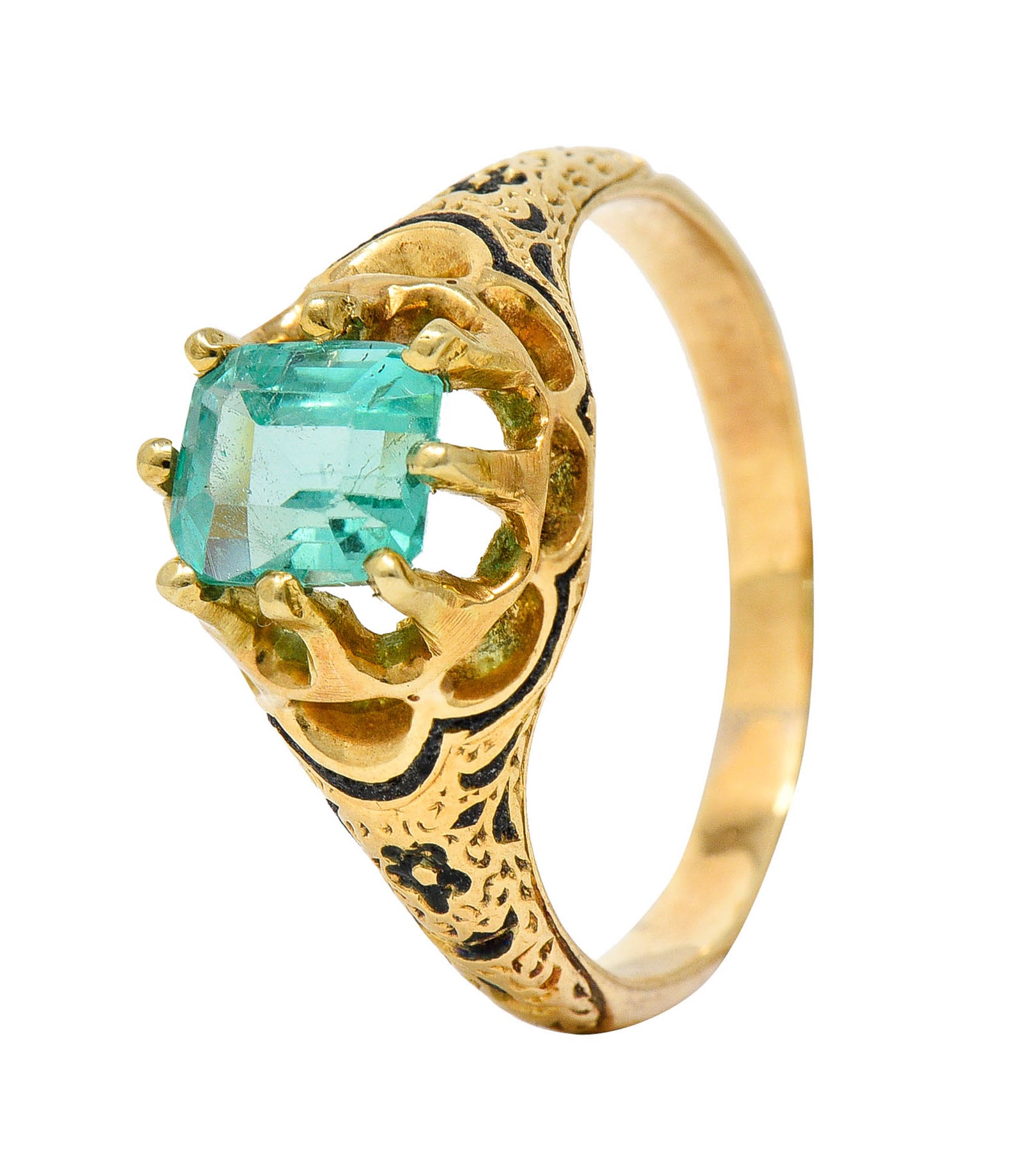 Victorian 0.90 CTW Emerald Enamel 14 Karat Yellow Gold Floral RingRing - Wilson's Estate Jewelry