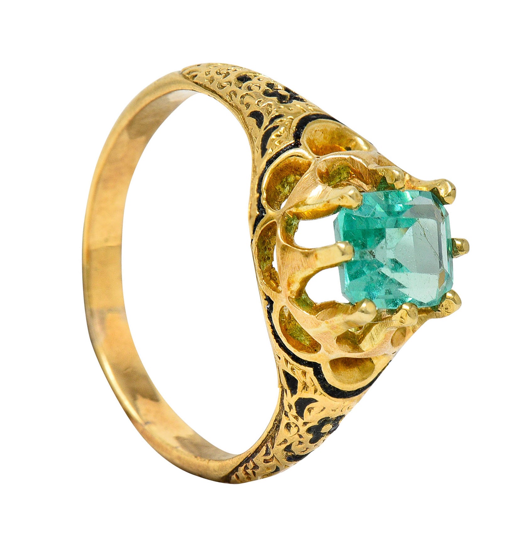 Victorian 0.90 CTW Emerald Enamel 14 Karat Yellow Gold Floral RingRing - Wilson's Estate Jewelry