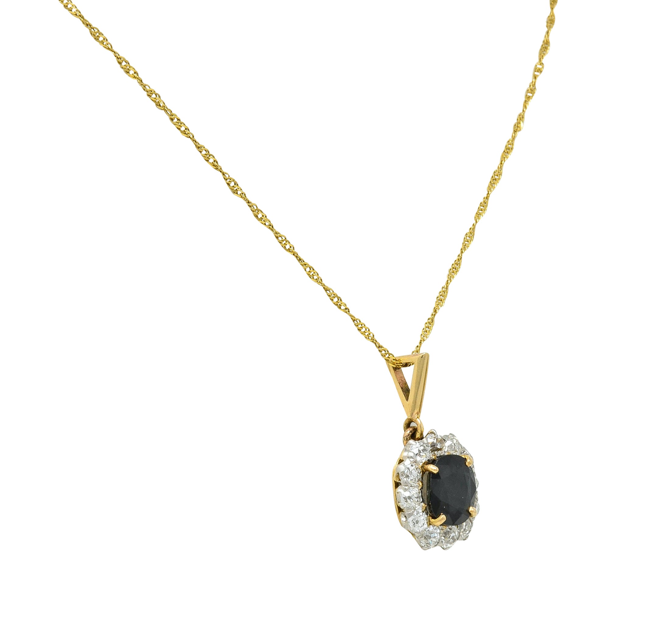 Edwardian 3.07 CTW Sapphire Diamond 14 Karat Two-Tone Gold Cluster Pendant Necklace - Wilson's Estate Jewelry