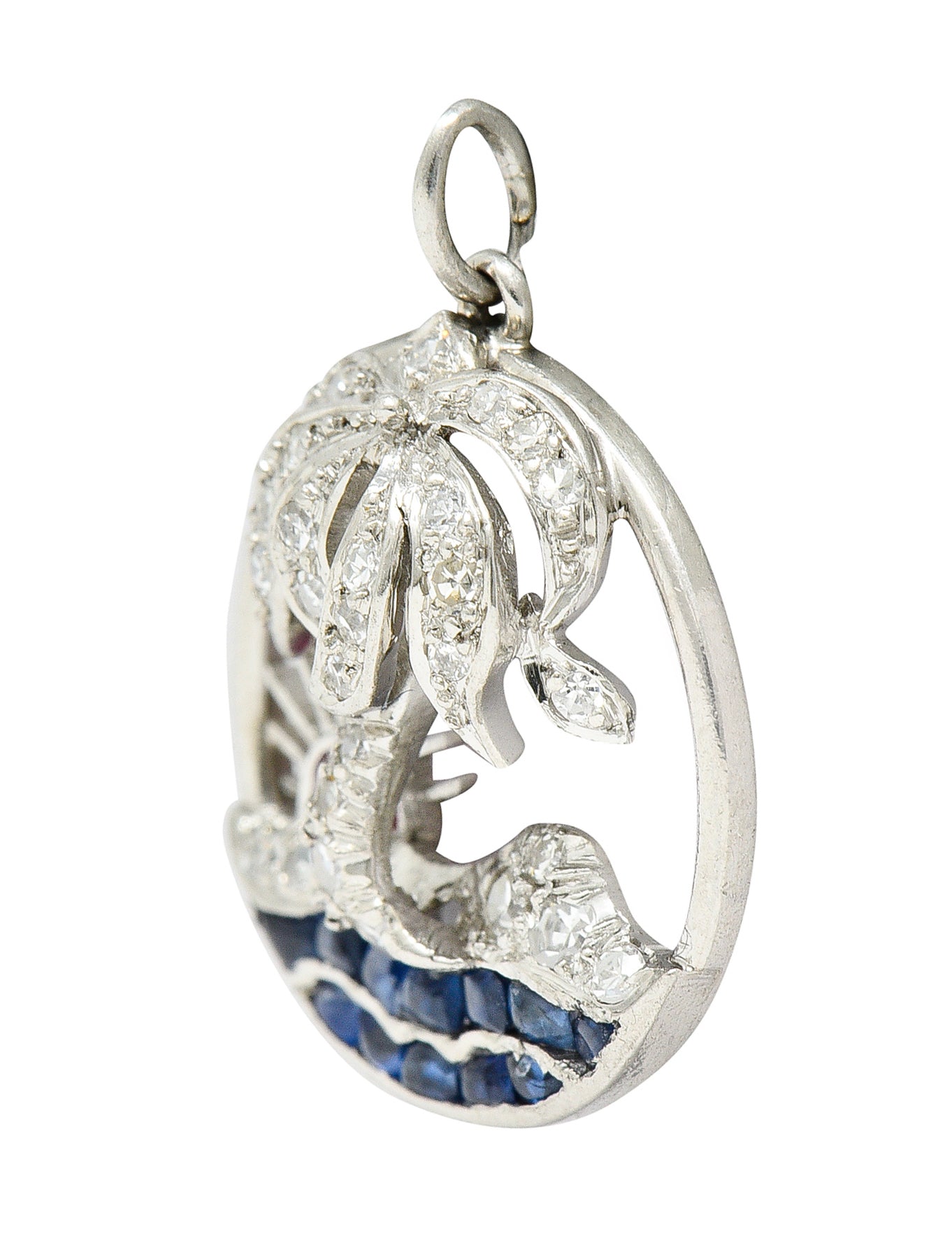 Art Deco Diamond Ruby Sapphire Platinum Palm Tree Tropical Beach Charm Wilson's Estate Jewelry