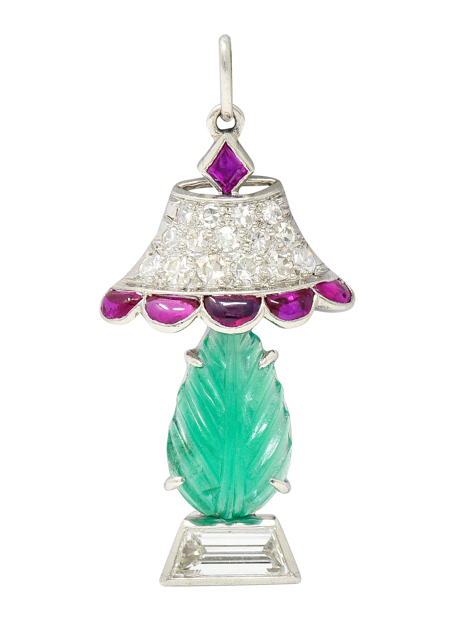 Art Deco Ruby Diamond Mughal Emerald Platinum Lamp Charm Wilson's Estate Jewelry