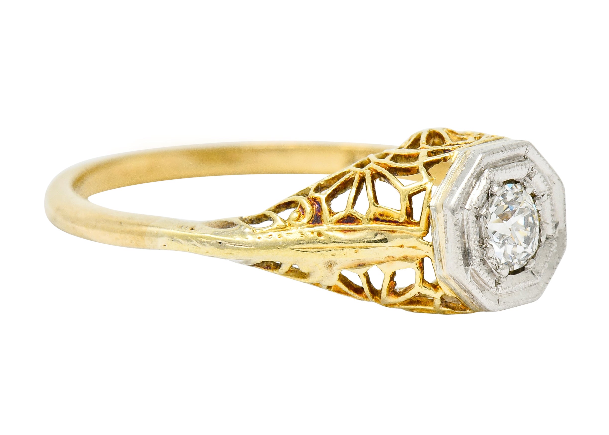 Edwardian Diamond Platinum-Topped 14 Karat Gold Floral Hexagonal Engagement Ring - Wilson's Estate Jewelry