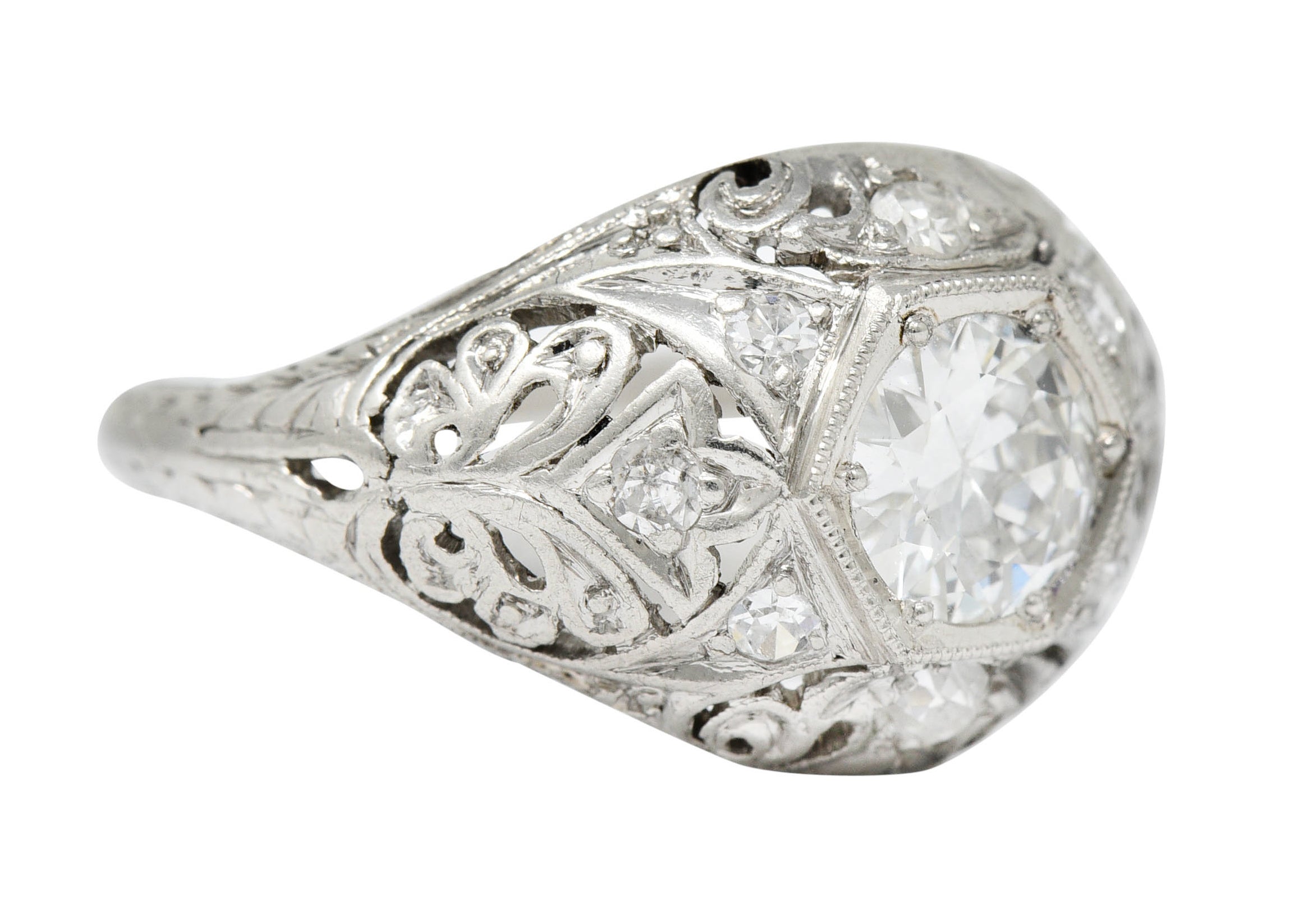 Edwardian 0.90 CTW Diamond Platinum Foliate Bombe Band RingRing - Wilson's Estate Jewelry