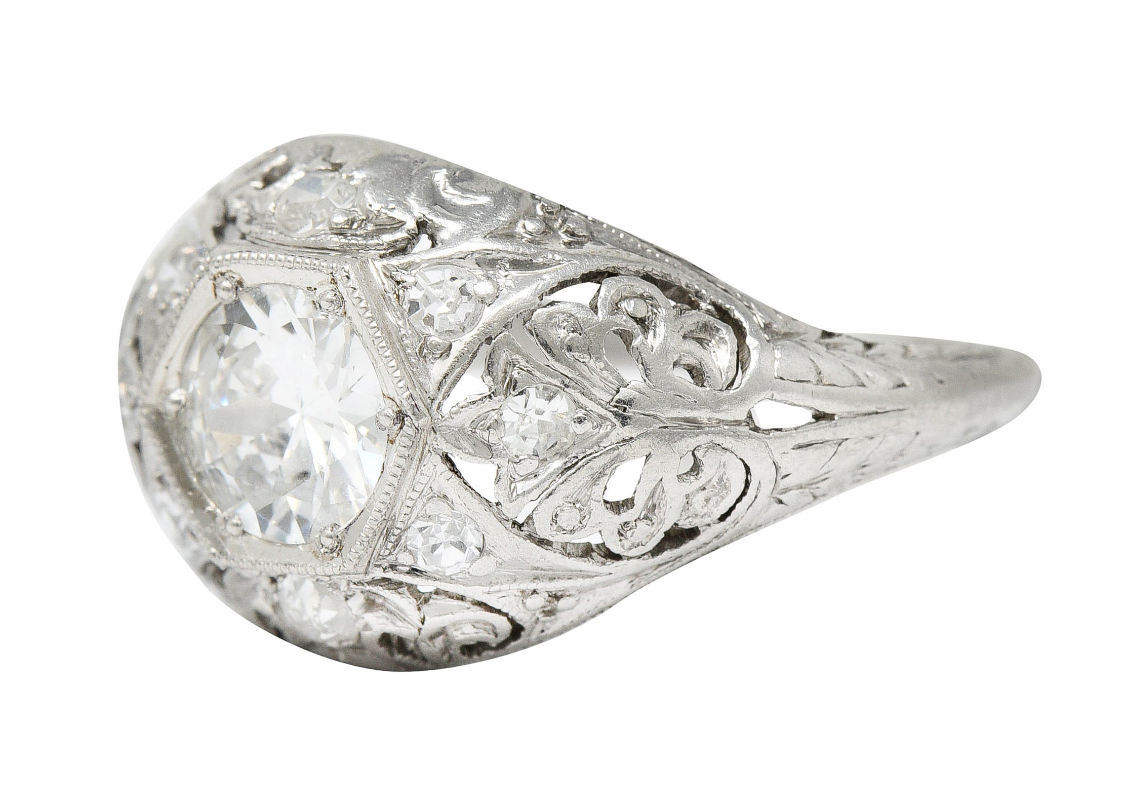 Edwardian 0.90 CTW Diamond Platinum Foliate Bombe Band RingRing - Wilson's Estate Jewelry