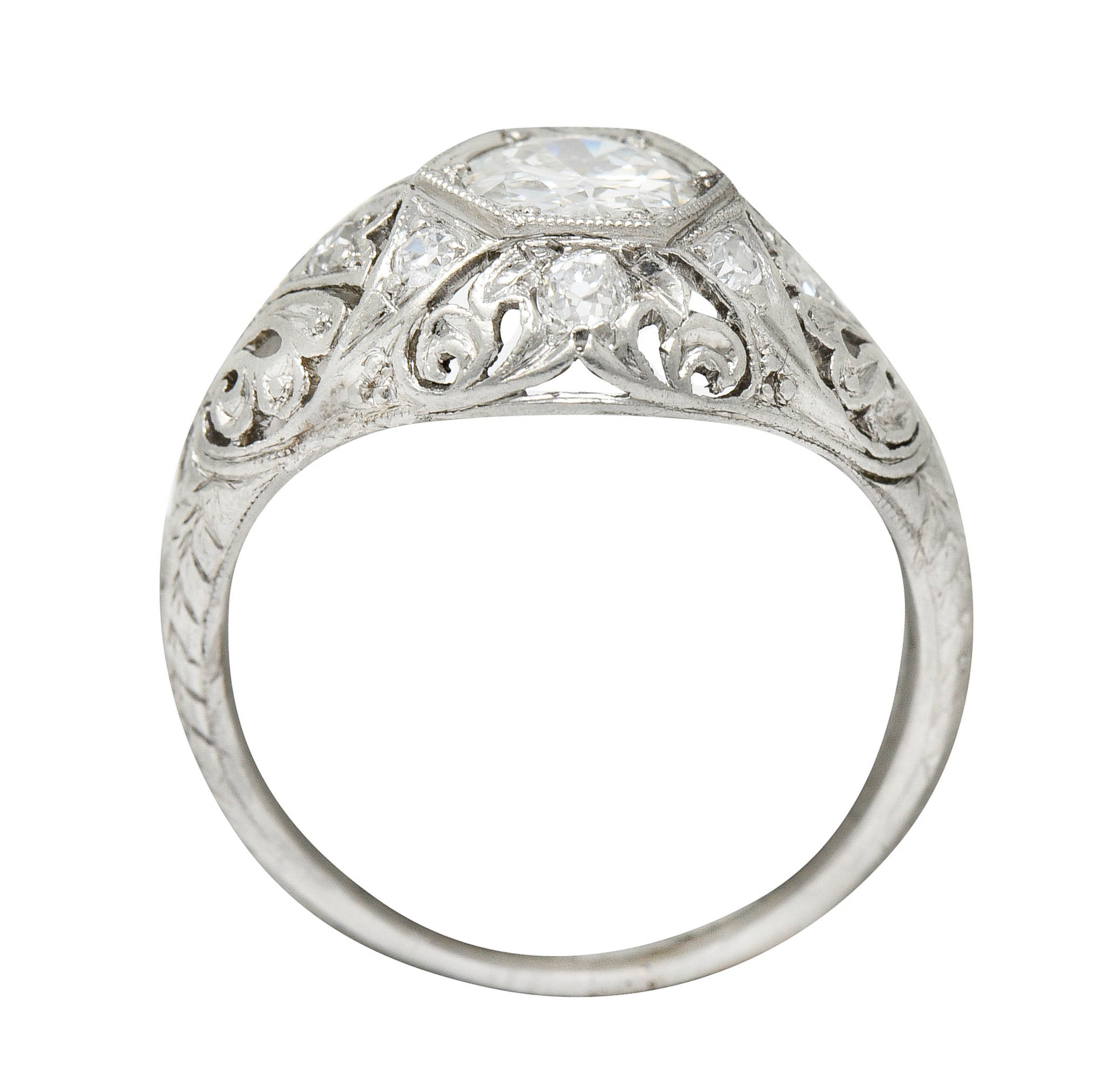 Edwardian 0.90 CTW Diamond Platinum Foliate Bombe Band RingRing - Wilson's Estate Jewelry