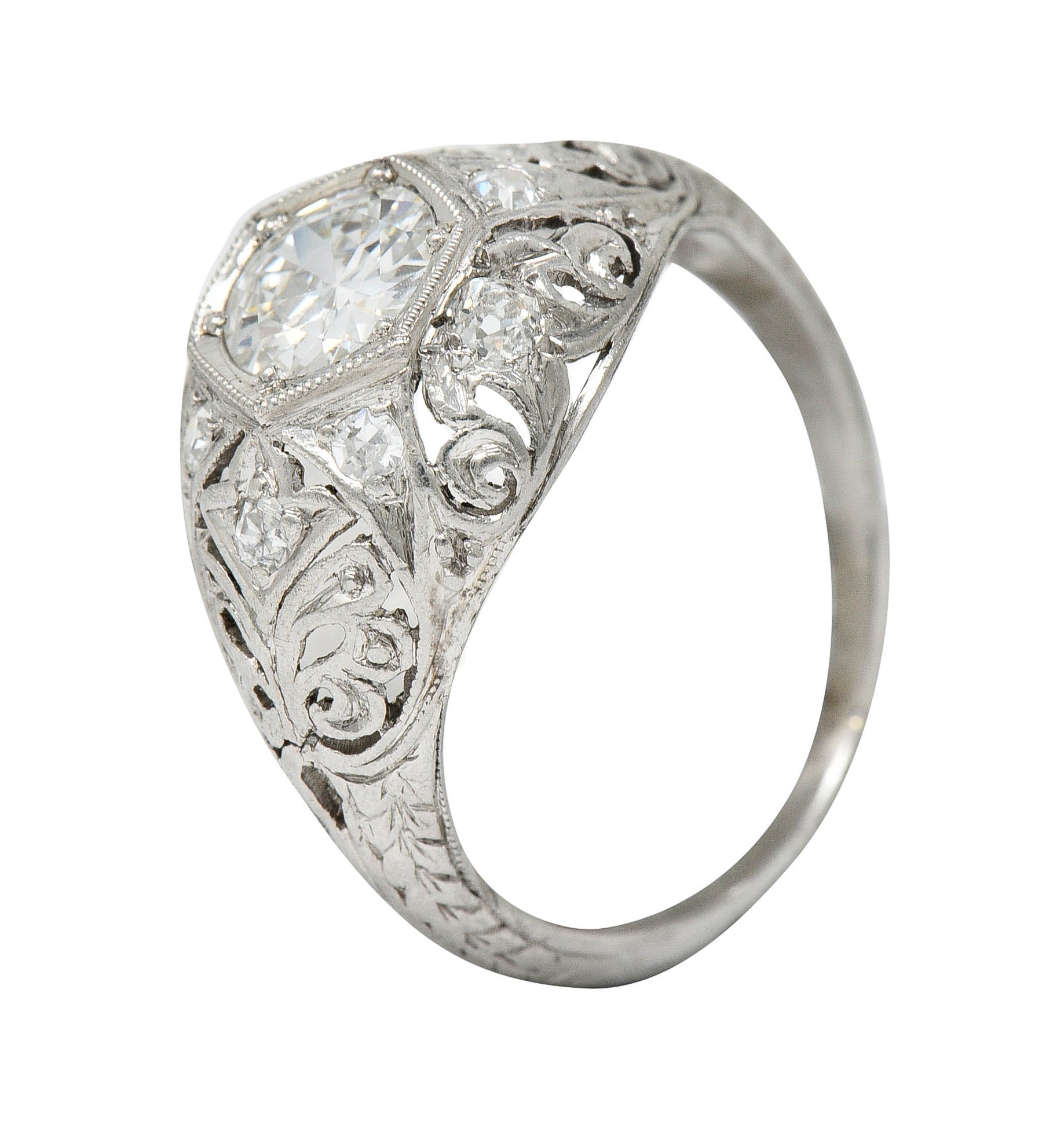 Edwardian 0.90 CTW Diamond Platinum Foliate Bombe Band RingRing - Wilson's Estate Jewelry