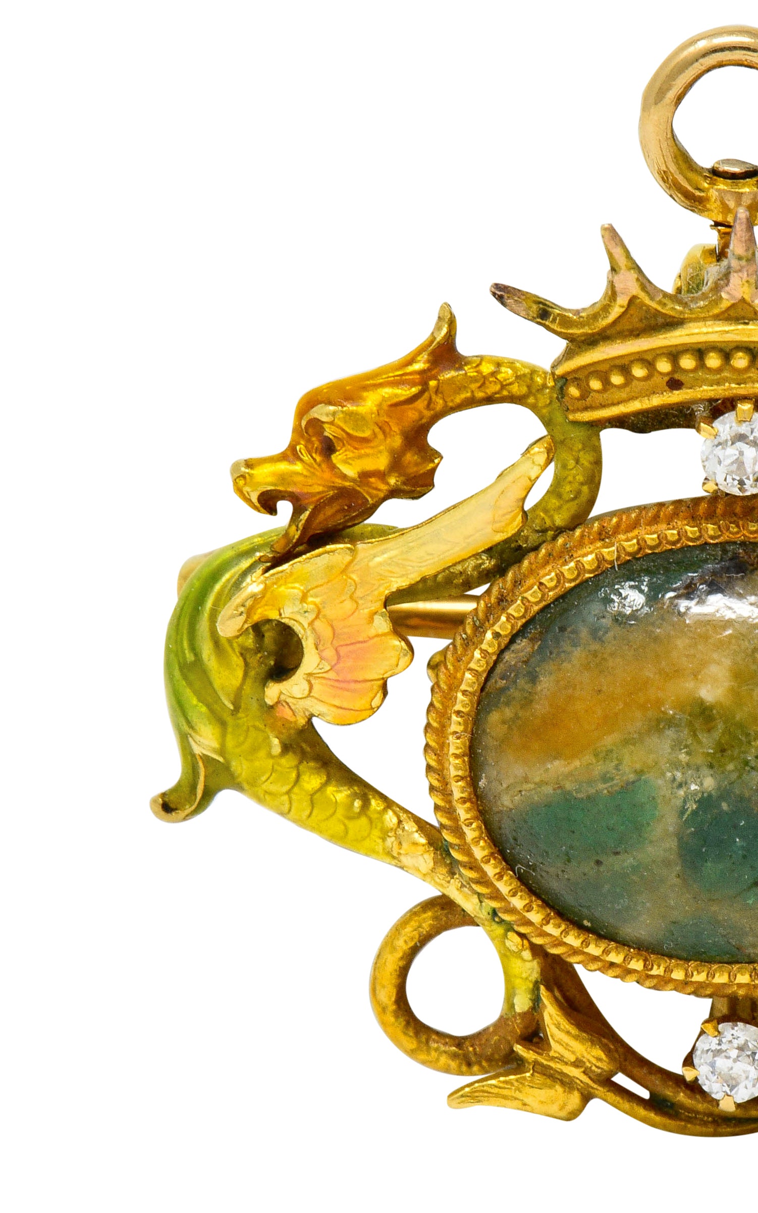 Krementz Art Nouveau Hardstone Diamond Enamel 14 Karat Gold Dragon Cabochon Pendant Brooch - Wilson's Estate Jewelry