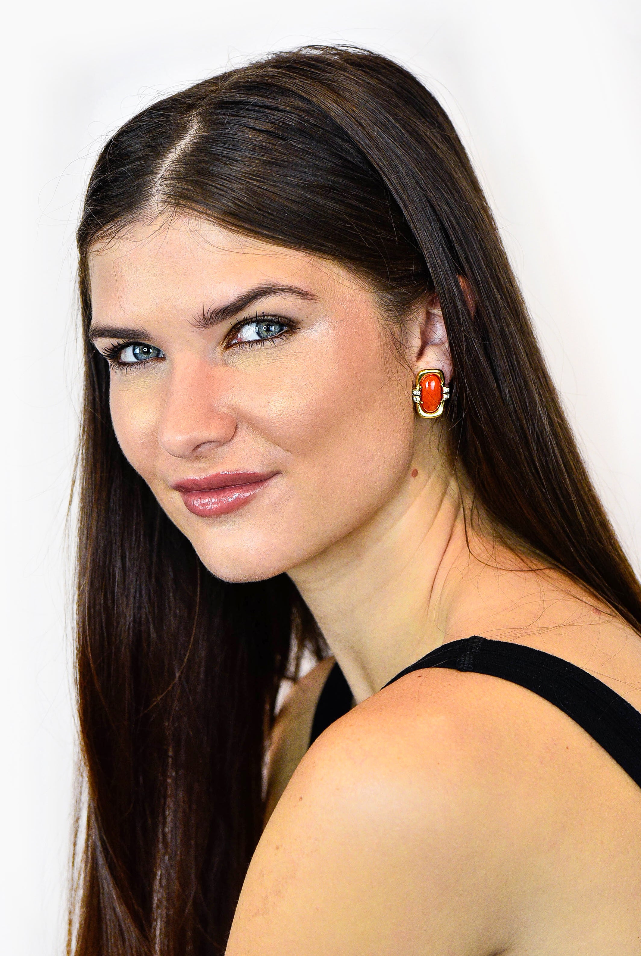 1960's Vintage Coral Diamond 18 Karat Gold Ear-Clip EarringsEarrings - Wilson's Estate Jewelry