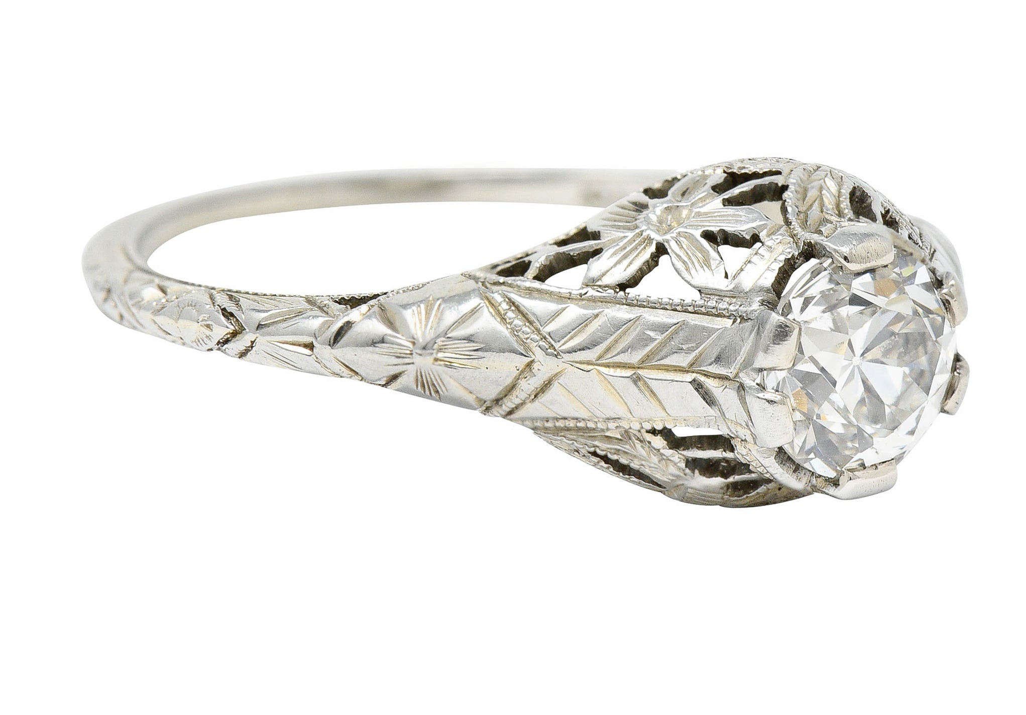 Art Deco 0.81 CTW Diamond 18 Karat White Gold Floral Engagement Ring GIARing - Wilson's Estate Jewelry