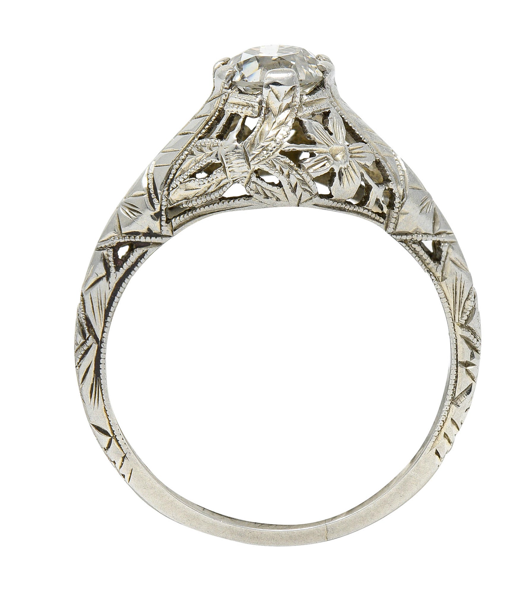 Art Deco 0.81 CTW Diamond 18 Karat White Gold Floral Engagement Ring GIARing - Wilson's Estate Jewelry