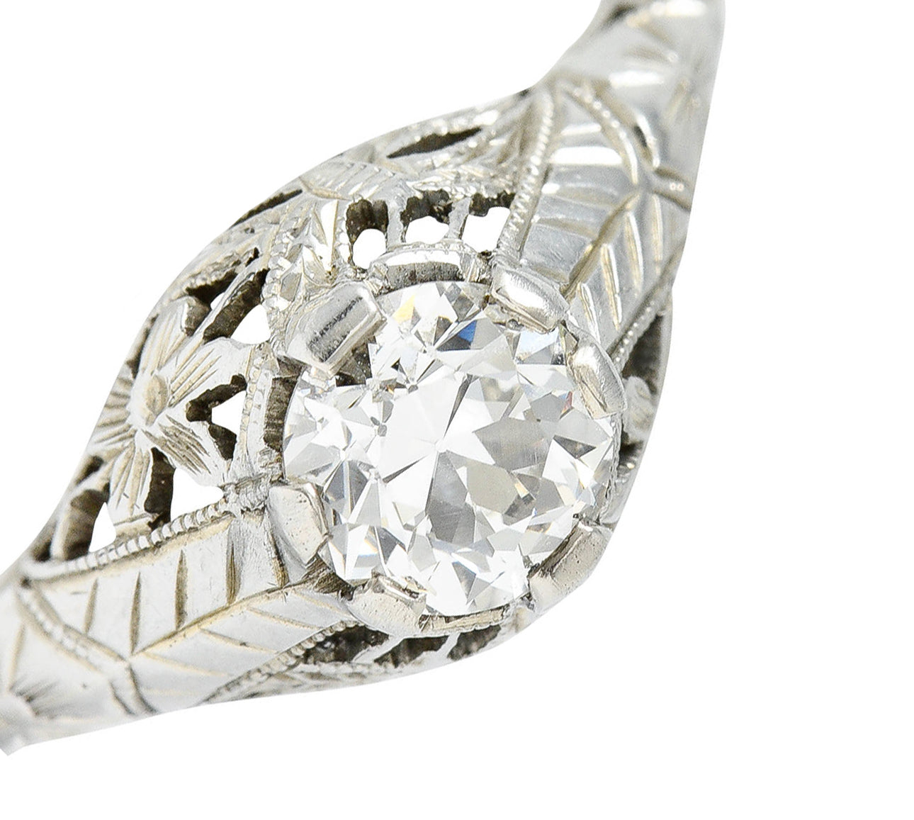 Art Deco 0.81 CTW Diamond 18 Karat White Gold Floral Engagement Ring GIARing - Wilson's Estate Jewelry