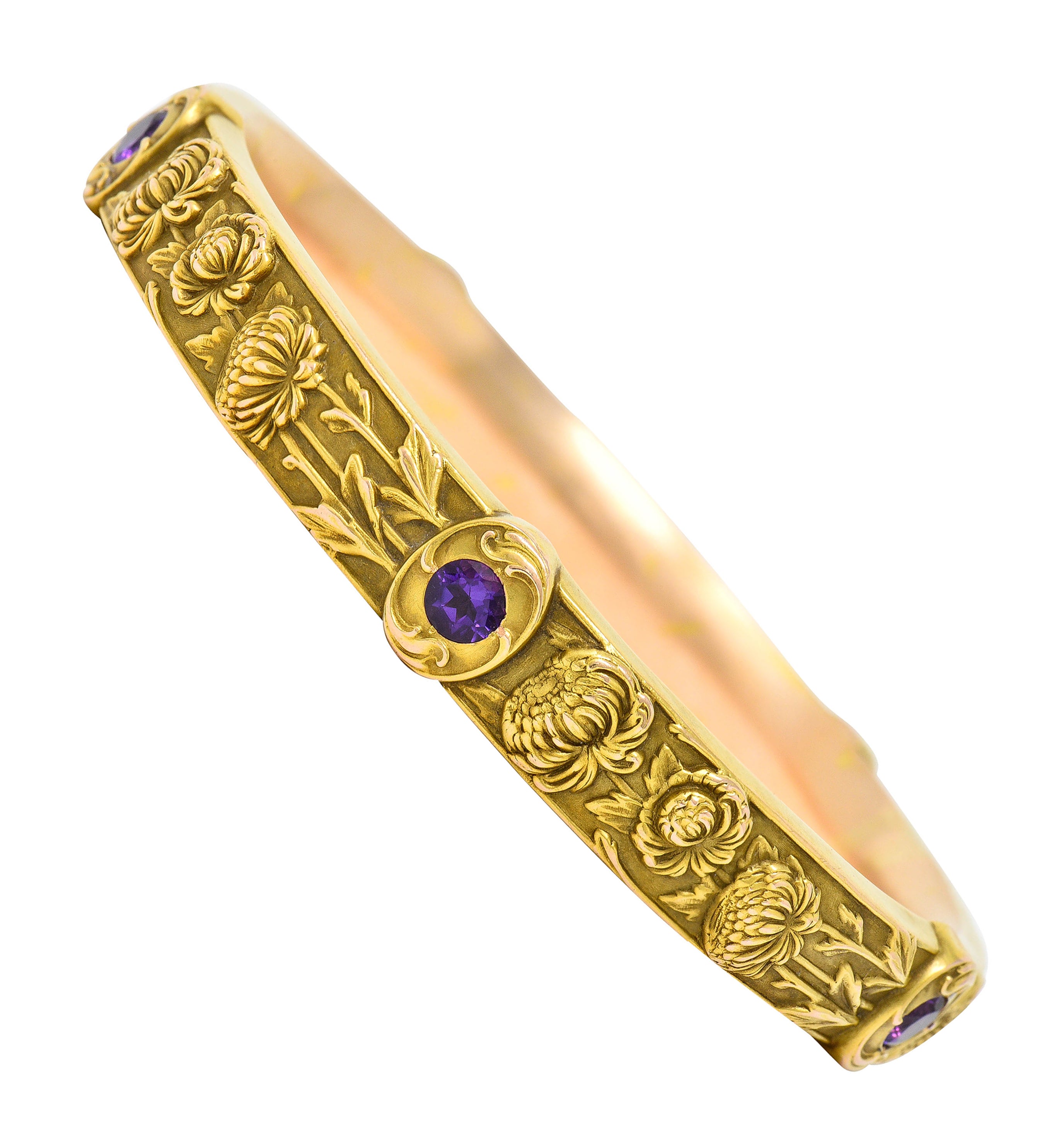 Riker Brothers Art Nouveau Floral Amethyst 14 Karat Gold Chrysanthemum Flower Bangle Braceletbracelet - Wilson's Estate Jewelry