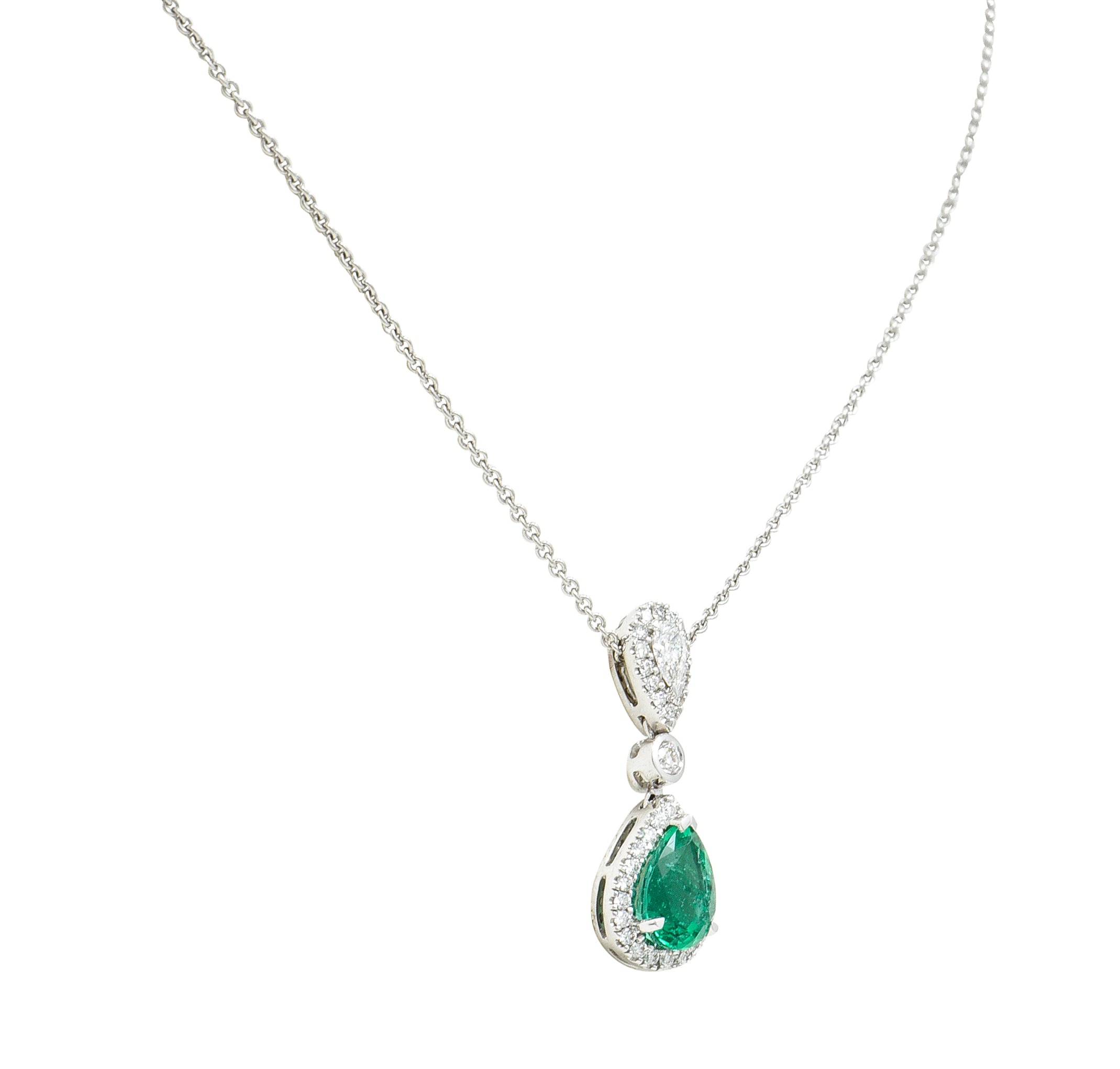 .11111 Contemporary 1.35 CTW Pear Cut Emerald Diamond 18 Karat White Gold Halo Pendant Necklace Wilson's Estate Jewelry