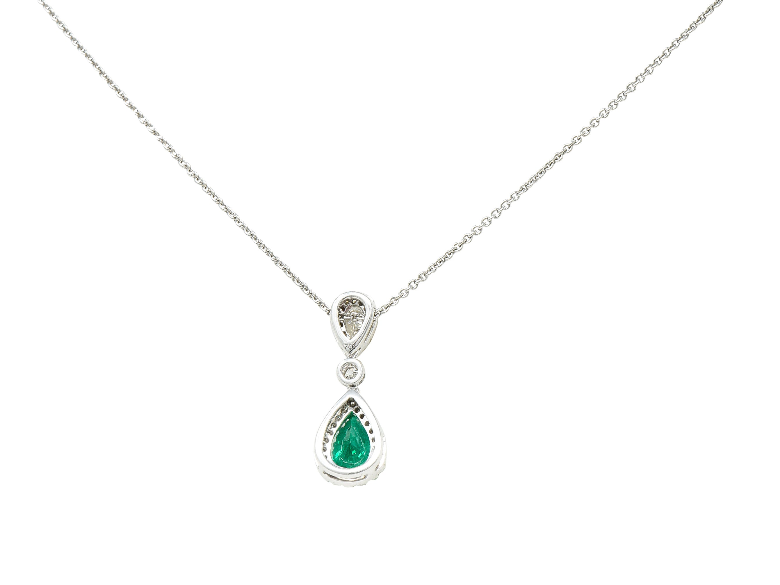 .11111 Contemporary 1.35 CTW Pear Cut Emerald Diamond 18 Karat White Gold Halo Pendant Necklace Wilson's Estate Jewelry