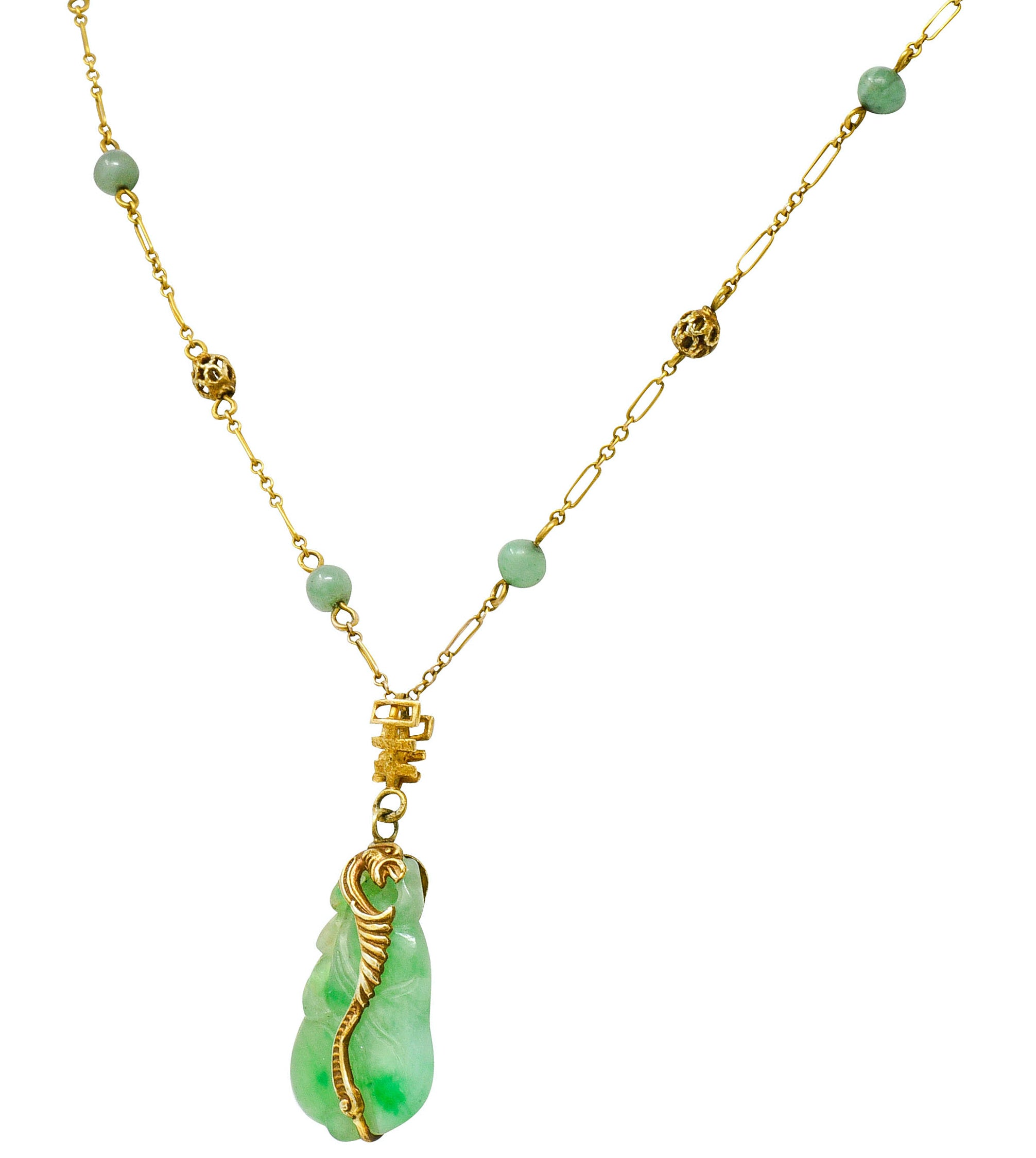 Art Nouveau Carved Jade 14 Karat Gold Drop Station NecklaceNecklace - Wilson's Estate Jewelry