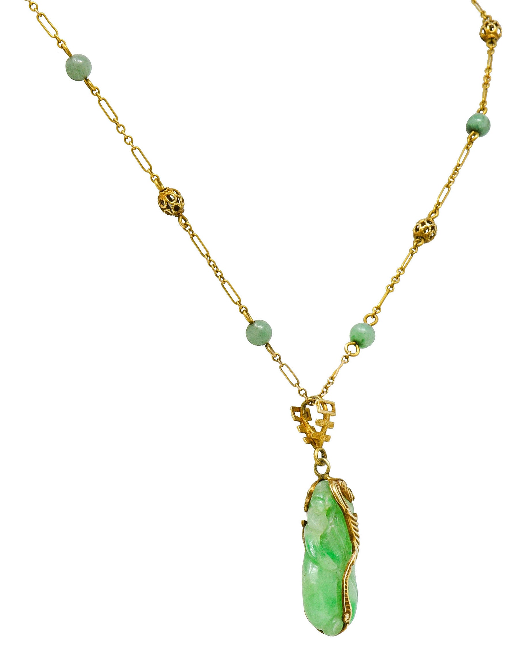 Art Nouveau Carved Jade 14 Karat Gold Drop Station NecklaceNecklace - Wilson's Estate Jewelry