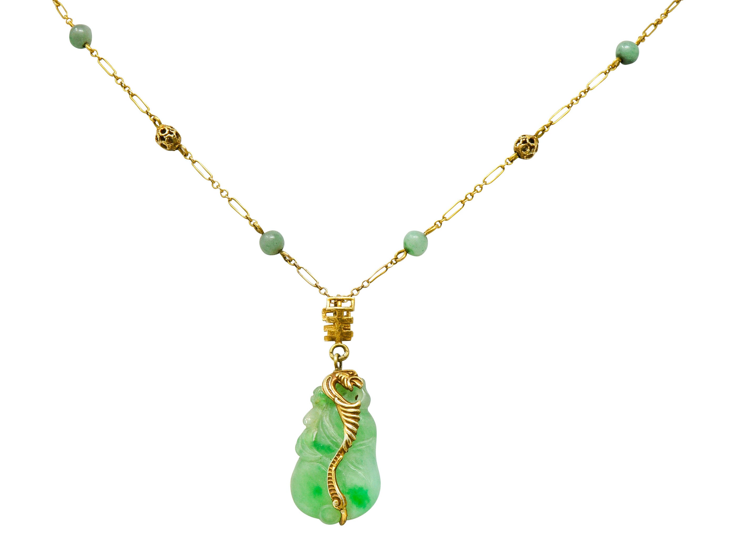 Art Nouveau Carved Jade 14 Karat Gold Drop Station NecklaceNecklace - Wilson's Estate Jewelry