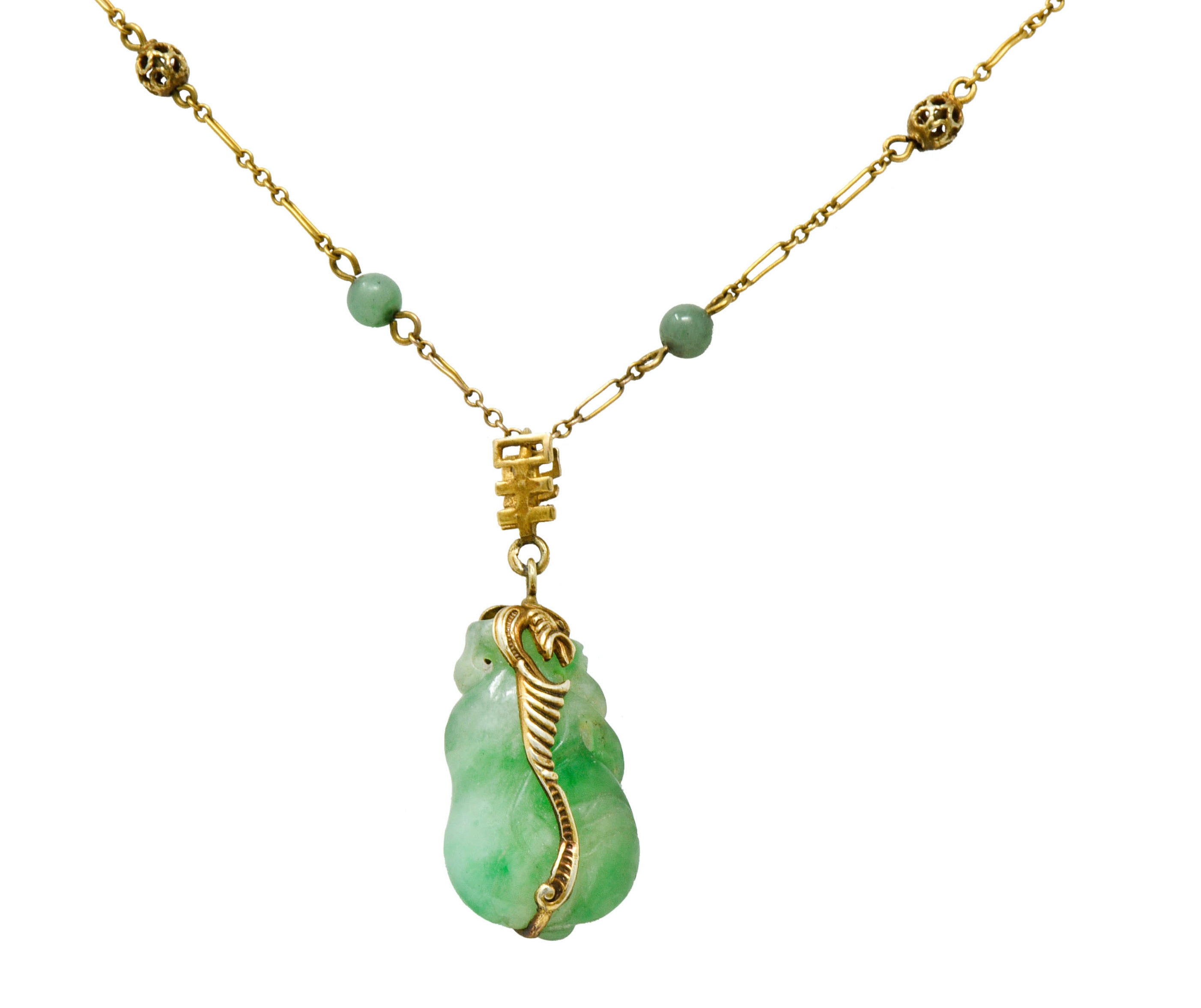 Art Nouveau Carved Jade 14 Karat Gold Drop Station NecklaceNecklace - Wilson's Estate Jewelry