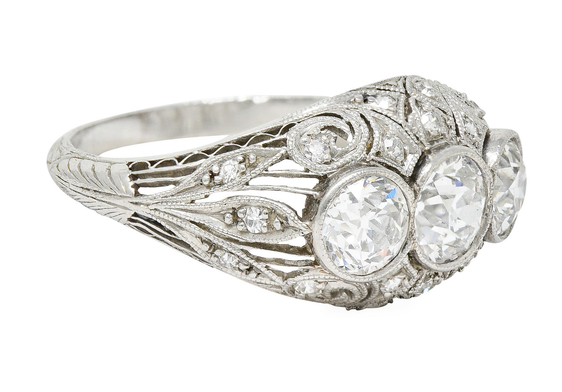 Art Deco 2.12 CTW Diamond Platinum Three Stone Bombe Band RingRing - Wilson's Estate Jewelry