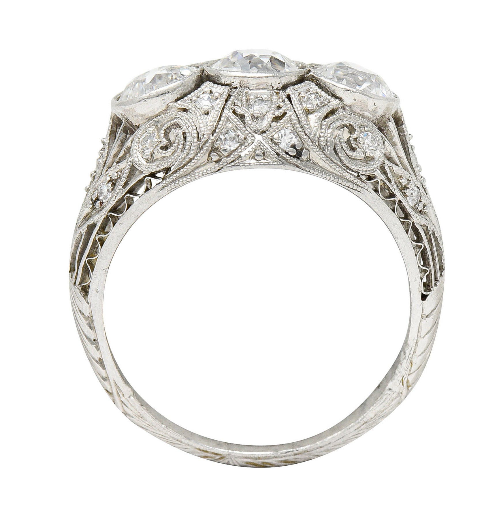 Art Deco 2.12 CTW Diamond Platinum Three Stone Bombe Band RingRing - Wilson's Estate Jewelry