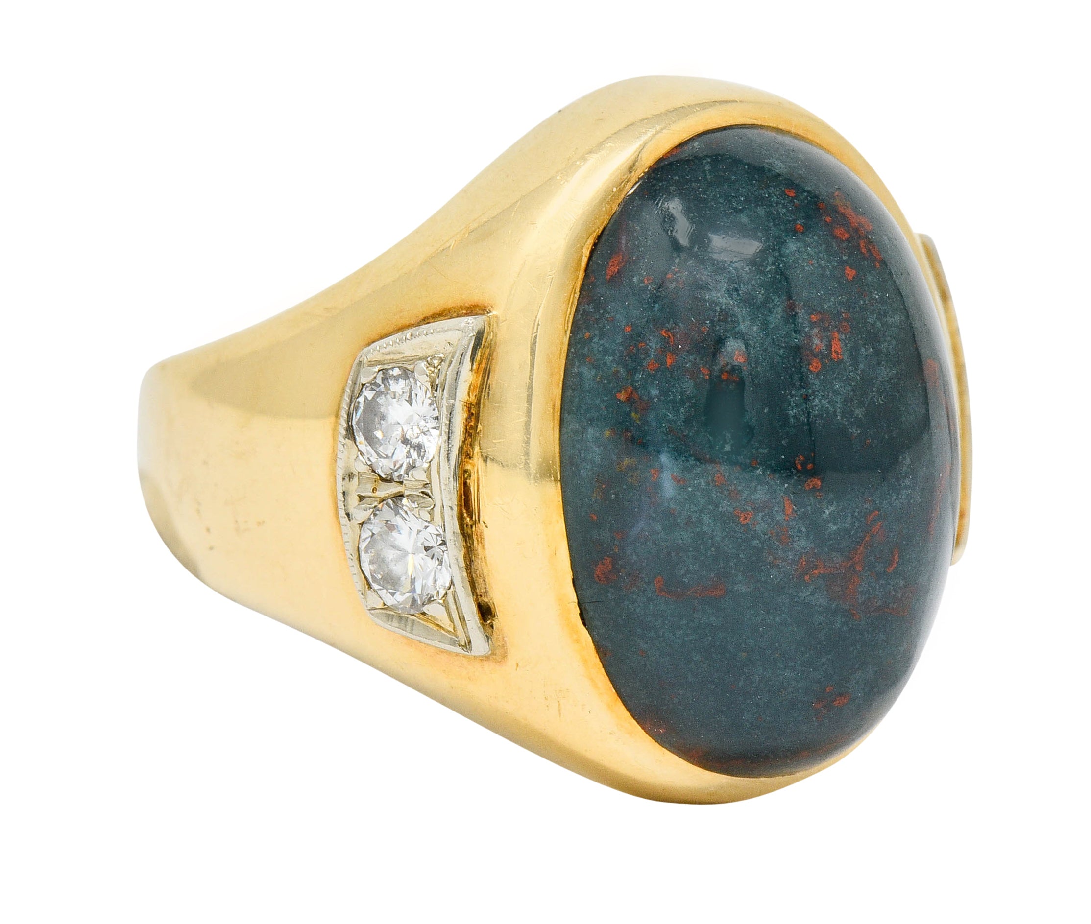 Bold Retro Bloodstone Cabochon Diamond 14 Karat Gold Unisex Ring Wilson's Estate Jewelry