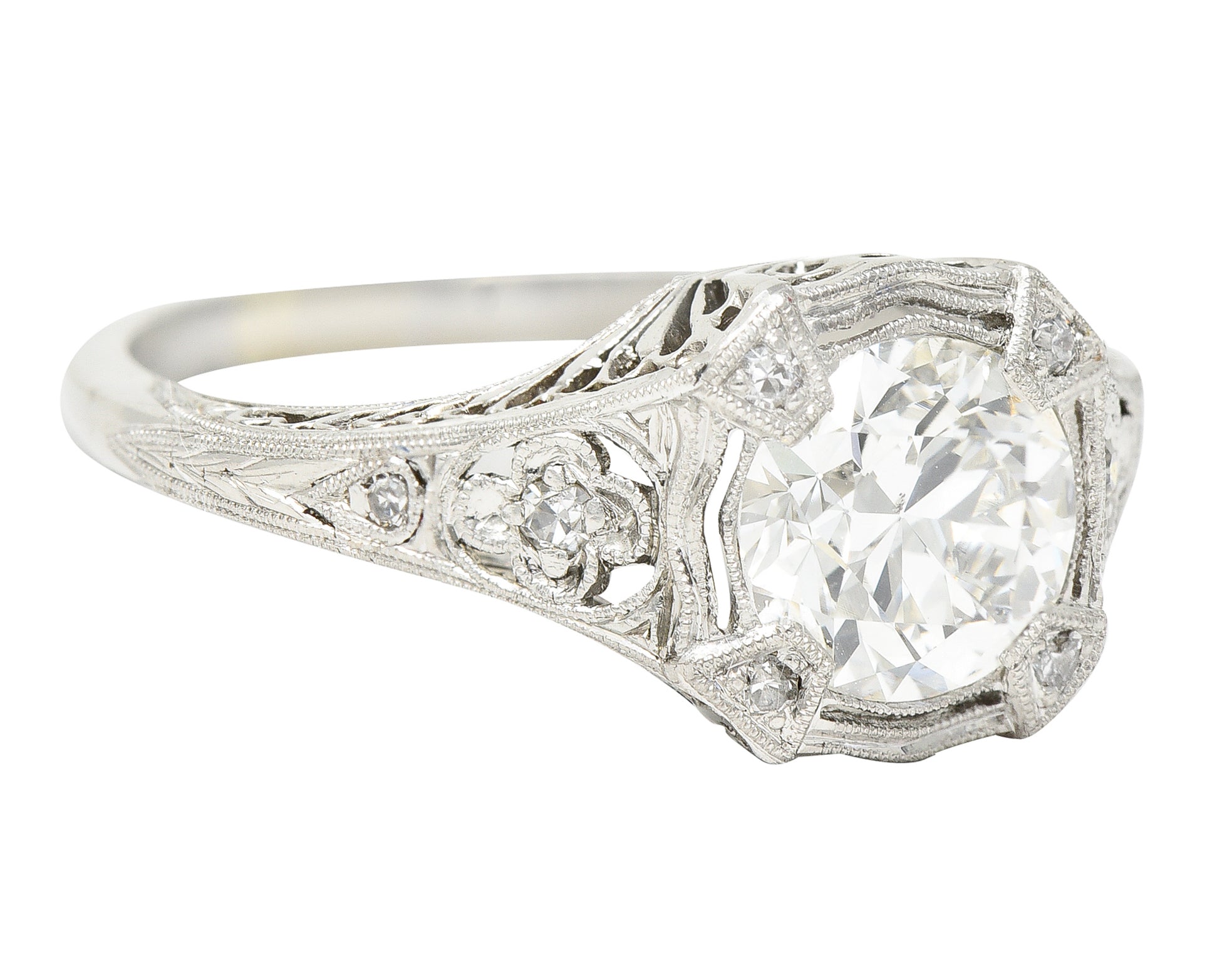 Art Deco 1.08 CTW Old European Cut Diamond Platinum Lotus Filigree Engagement Ring Wilson's Estate Jewelry