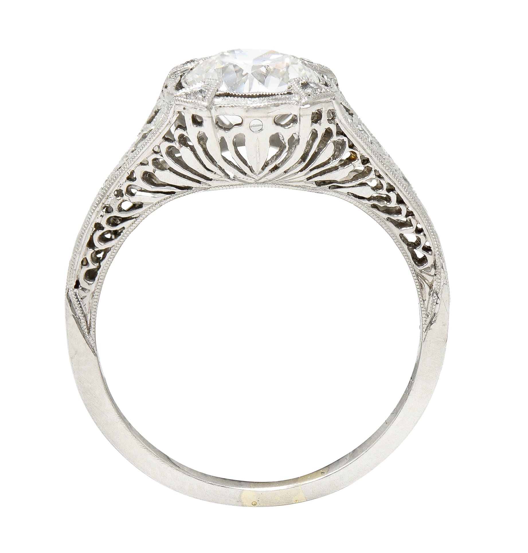 Art Deco 1.08 CTW Old European Cut Diamond Platinum Lotus Filigree Engagement Ring Wilson's Estate Jewelry