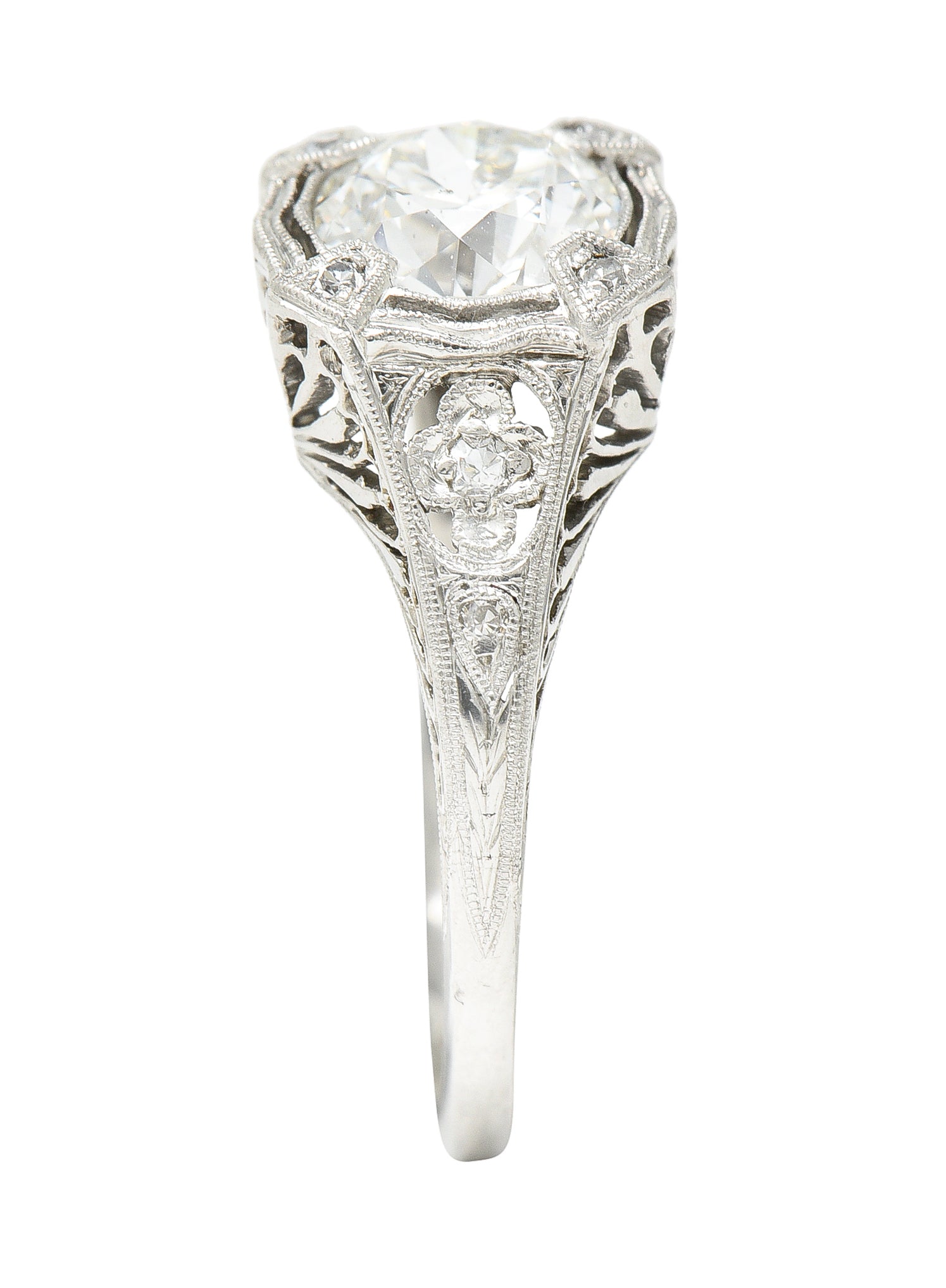 Art Deco 1.08 CTW Old European Cut Diamond Platinum Lotus Filigree Engagement Ring Wilson's Estate Jewelry