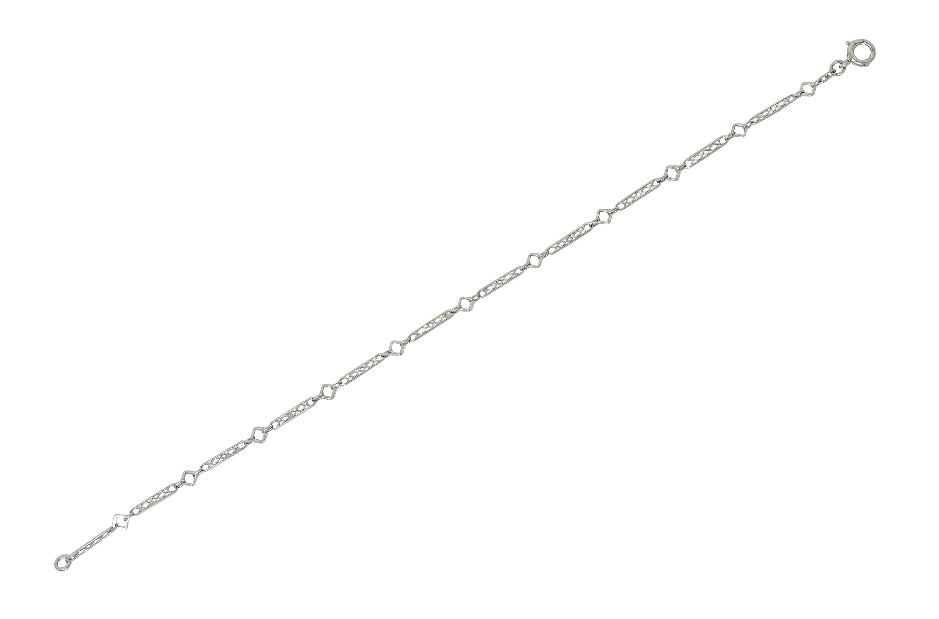 Art Deco Platinum Geometric Bar Link Chain Charm Bracelet - Wilson's Estate Jewelry