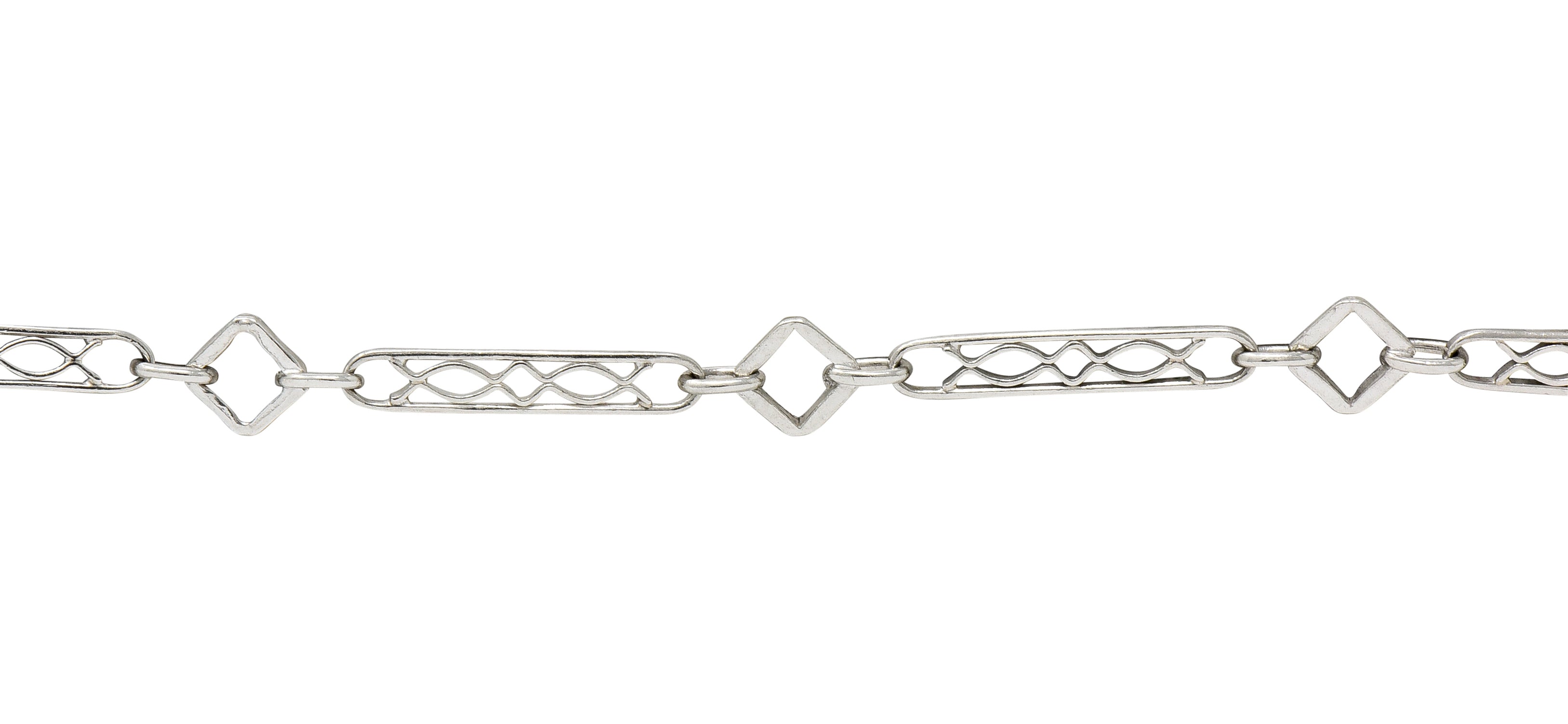 Art Deco Platinum Geometric Bar Link Chain Charm Bracelet - Wilson's Estate Jewelry