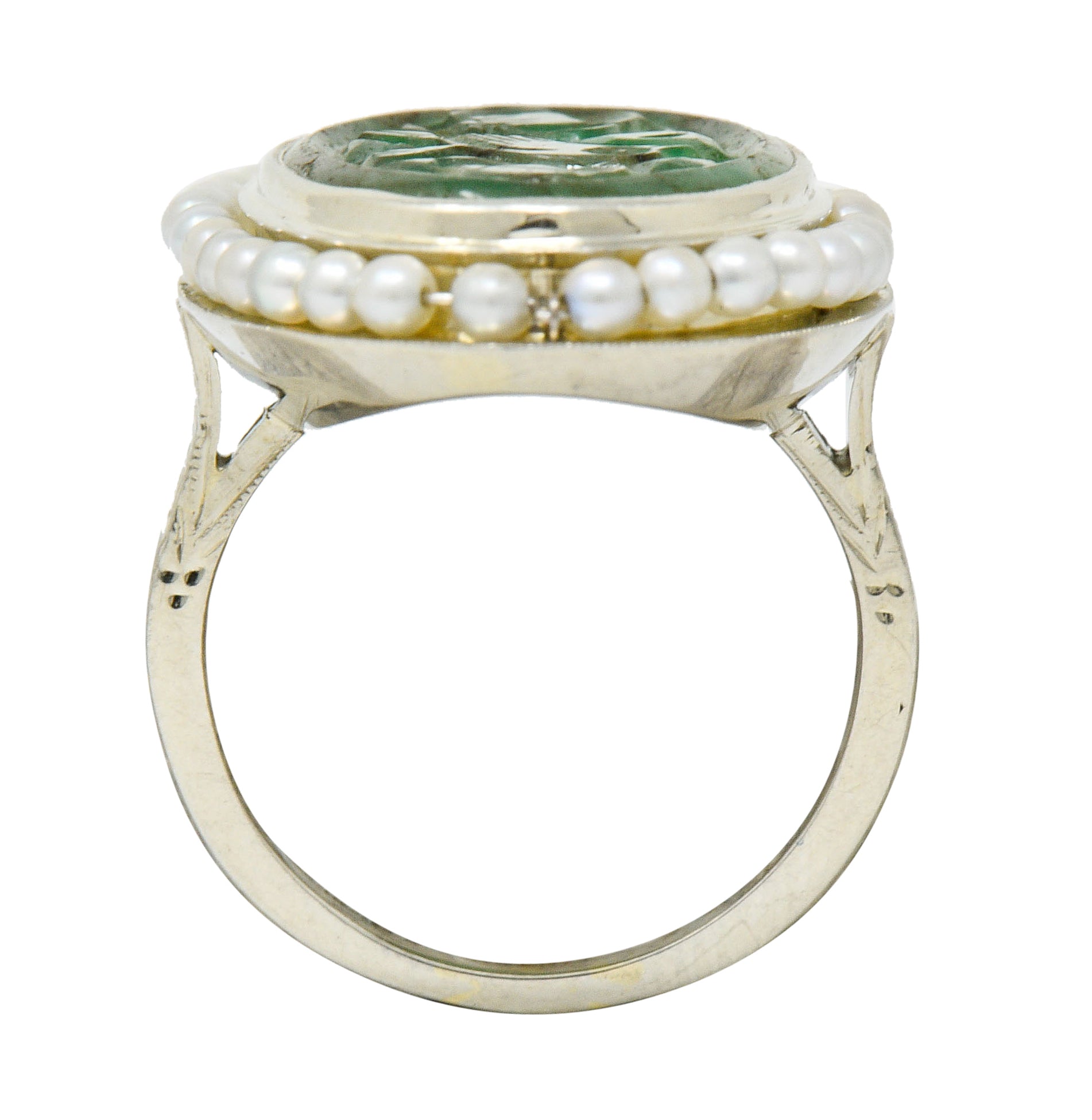 Art Deco Carved Jade Pearl 18 Karat Two-Tone Gold Cluster RingRing - Wilson's Estate Jewelry