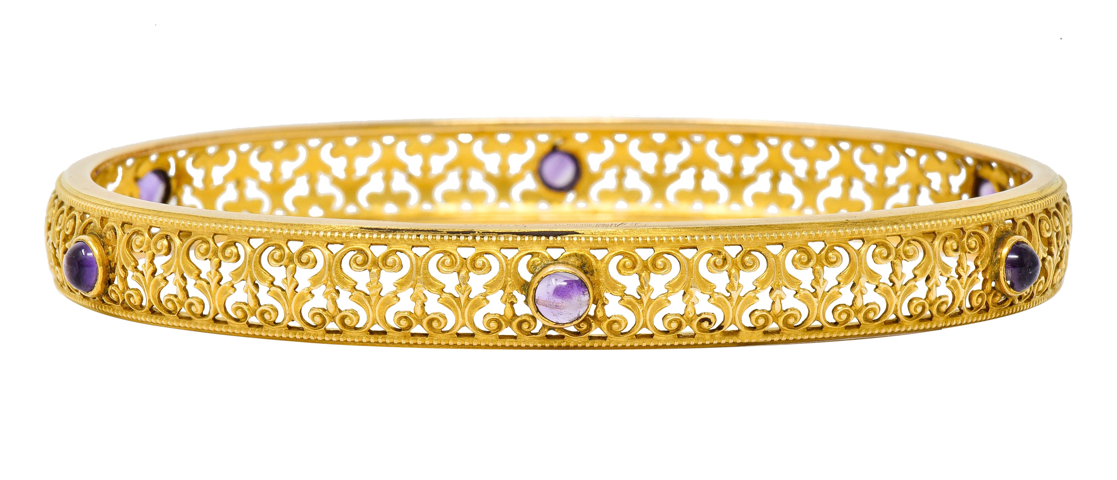 Art Nouveau Amethyst 14 Karat Gold Scrolled Filigree Bangle Braceletbracelet - Wilson's Estate Jewelry