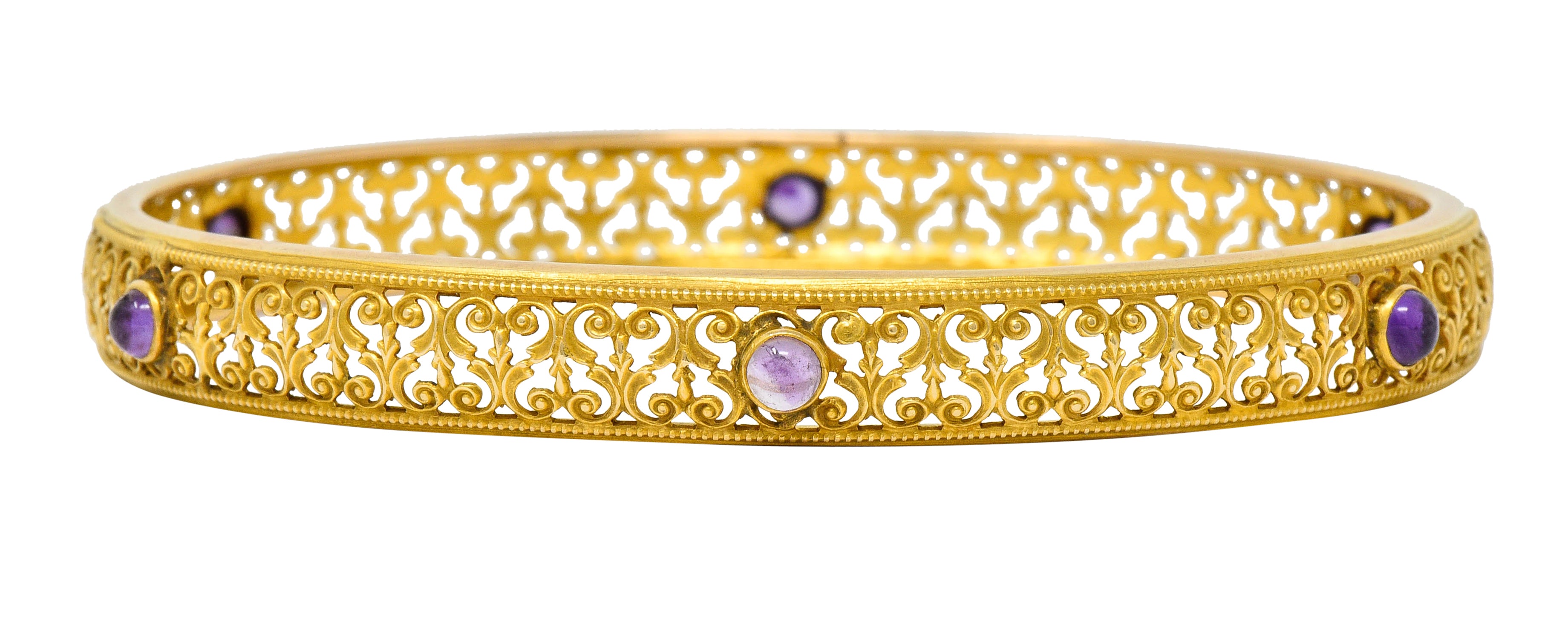 Art Nouveau Amethyst 14 Karat Gold Scrolled Filigree Bangle Braceletbracelet - Wilson's Estate Jewelry