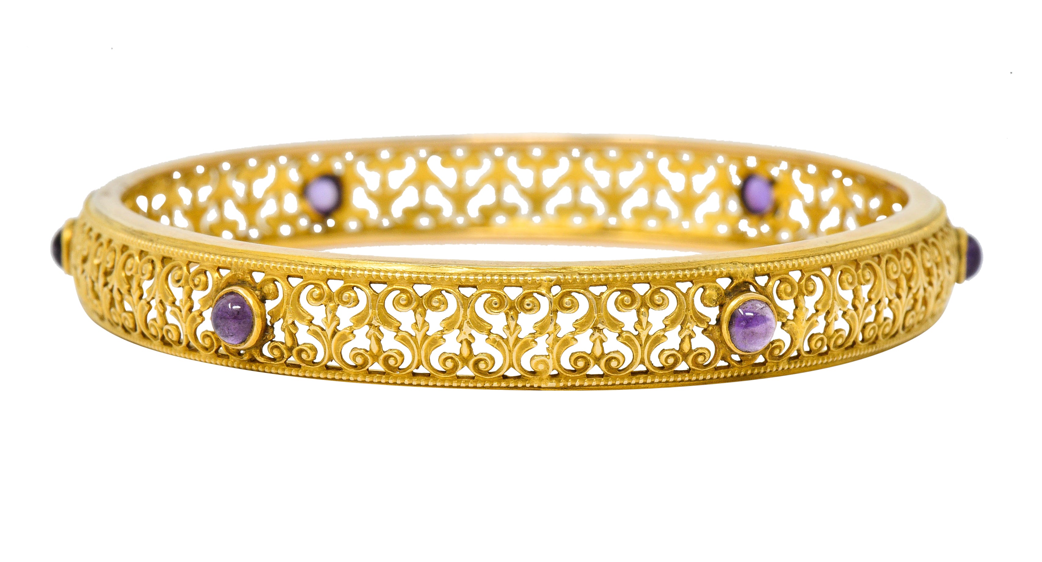 Art Nouveau Amethyst 14 Karat Gold Scrolled Filigree Bangle Braceletbracelet - Wilson's Estate Jewelry