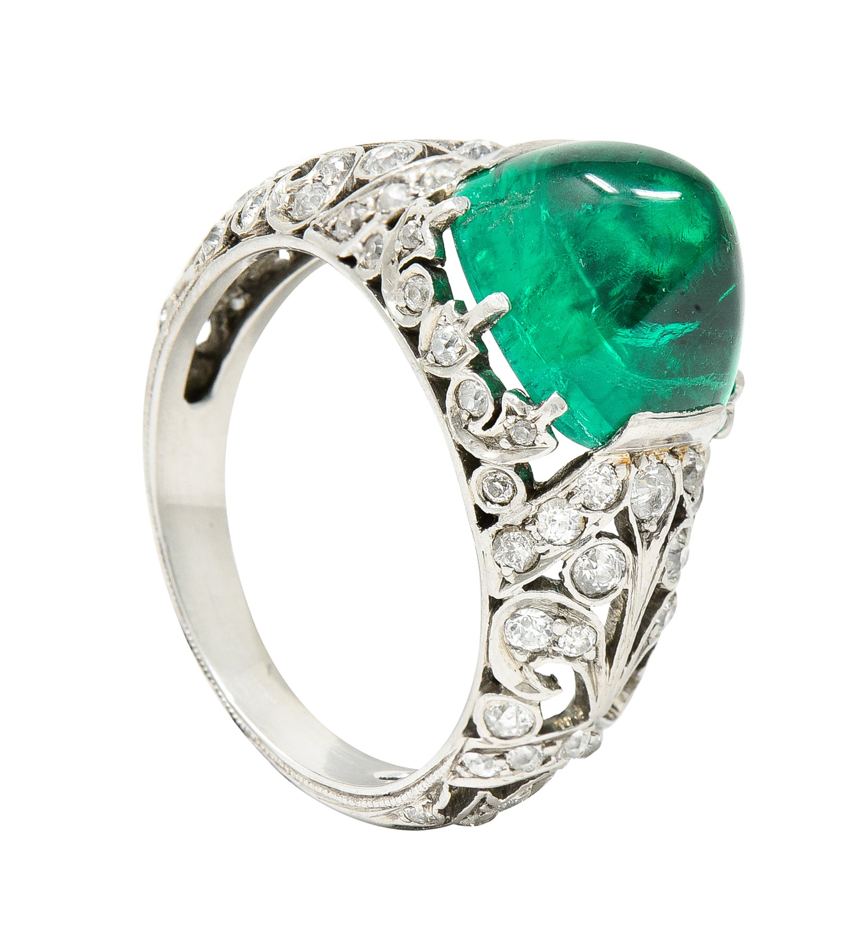 Edwardian 5.90 CTW Colombian Emerald Cabochon Old European Cut Diamond Platinum Scrolling Fleur-De-Lis Antique Gemstone Ring AGL Wilson's Estate Jewelry