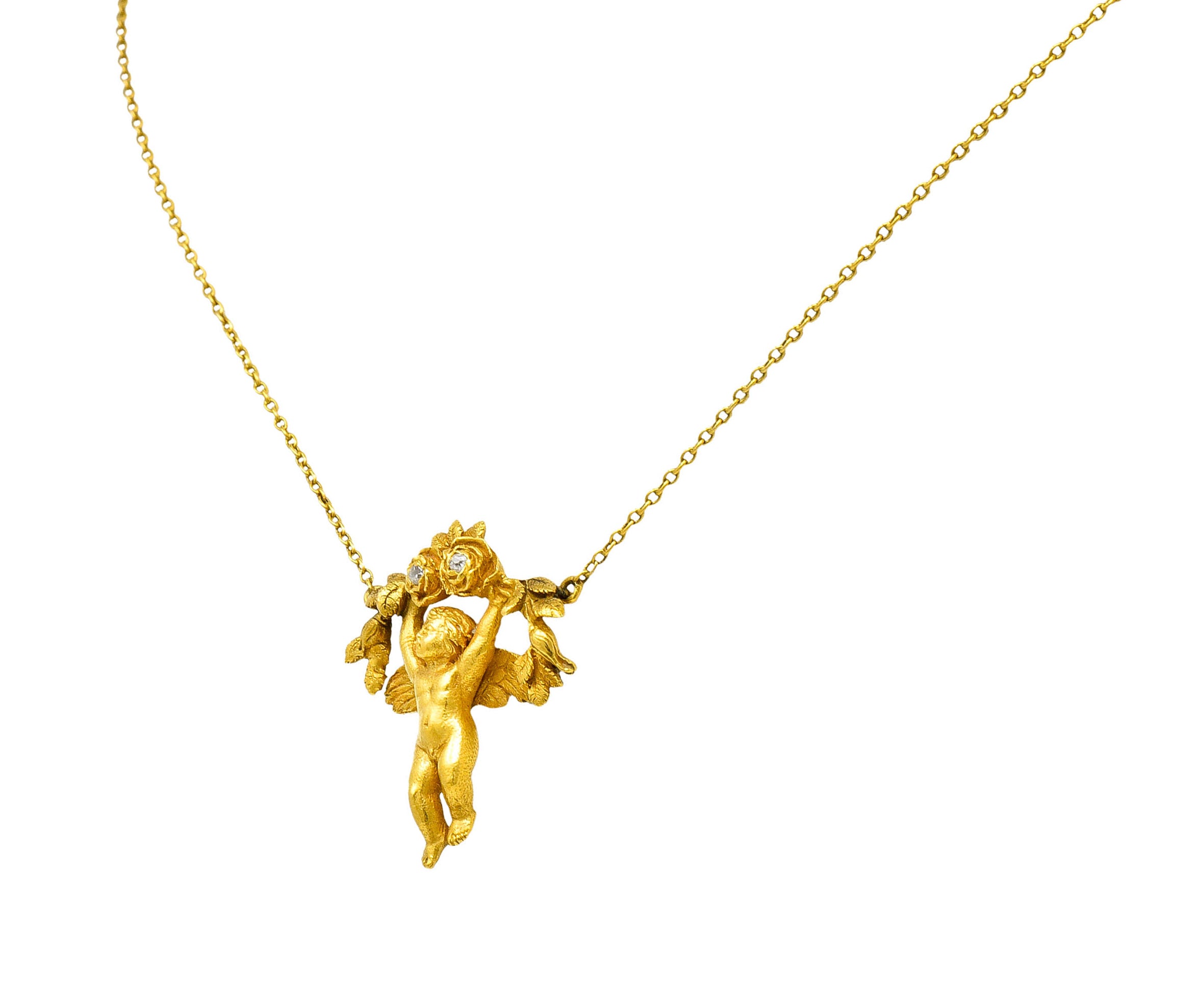 Art Nouveau Diamond 18 Karat Yellow Gold Cherub Station NecklaceNecklace - Wilson's Estate Jewelry