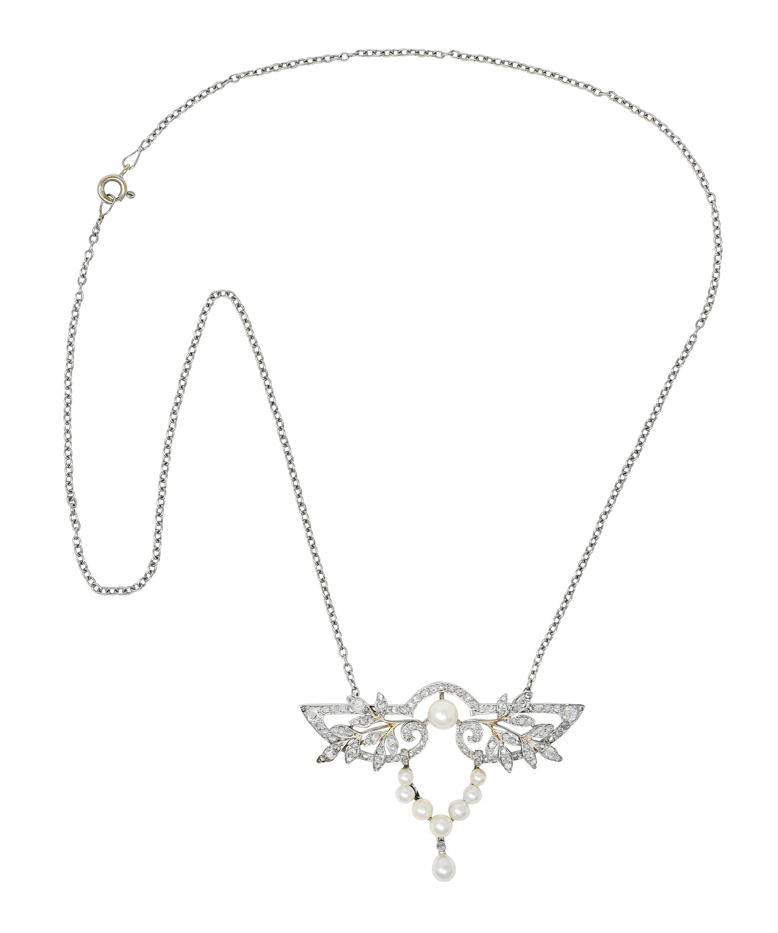 Edwardian Pearl Rose Cut Diamond Platinum Laurel Station NecklaceNecklace - Wilson's Estate Jewelry