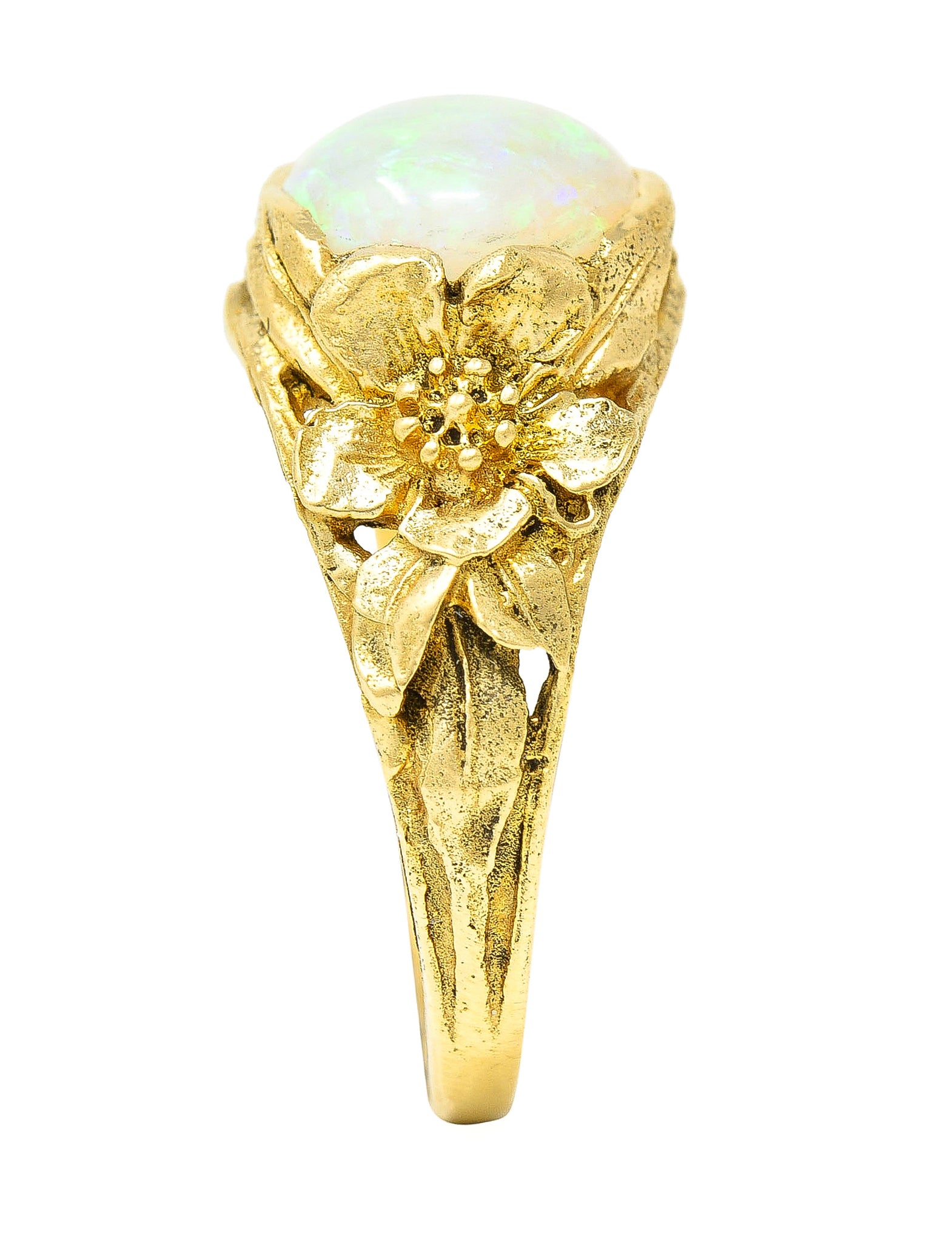 Art Nouveau Opal Cabochon 18 Karat Yellow Gold Forget-Me-Not Antique Ring Wilson's Estate Jewelry