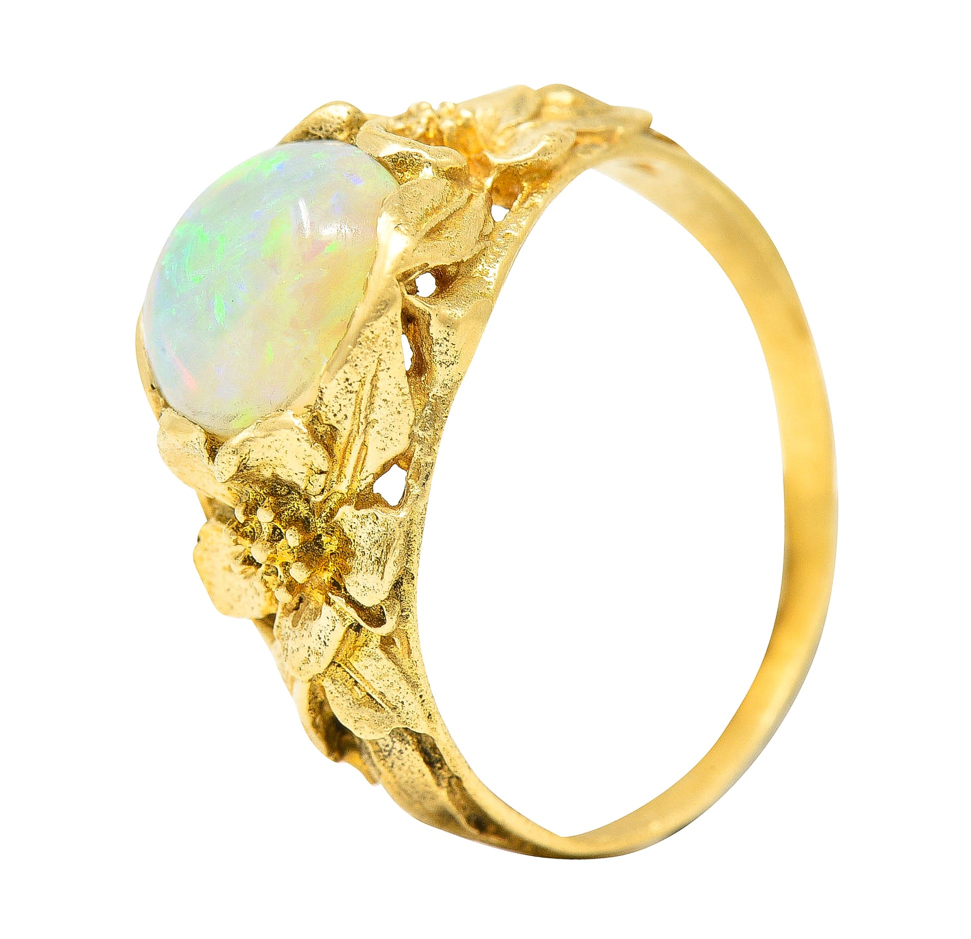 Art Nouveau Opal Cabochon 18 Karat Yellow Gold Forget-Me-Not Antique Ring Wilson's Estate Jewelry