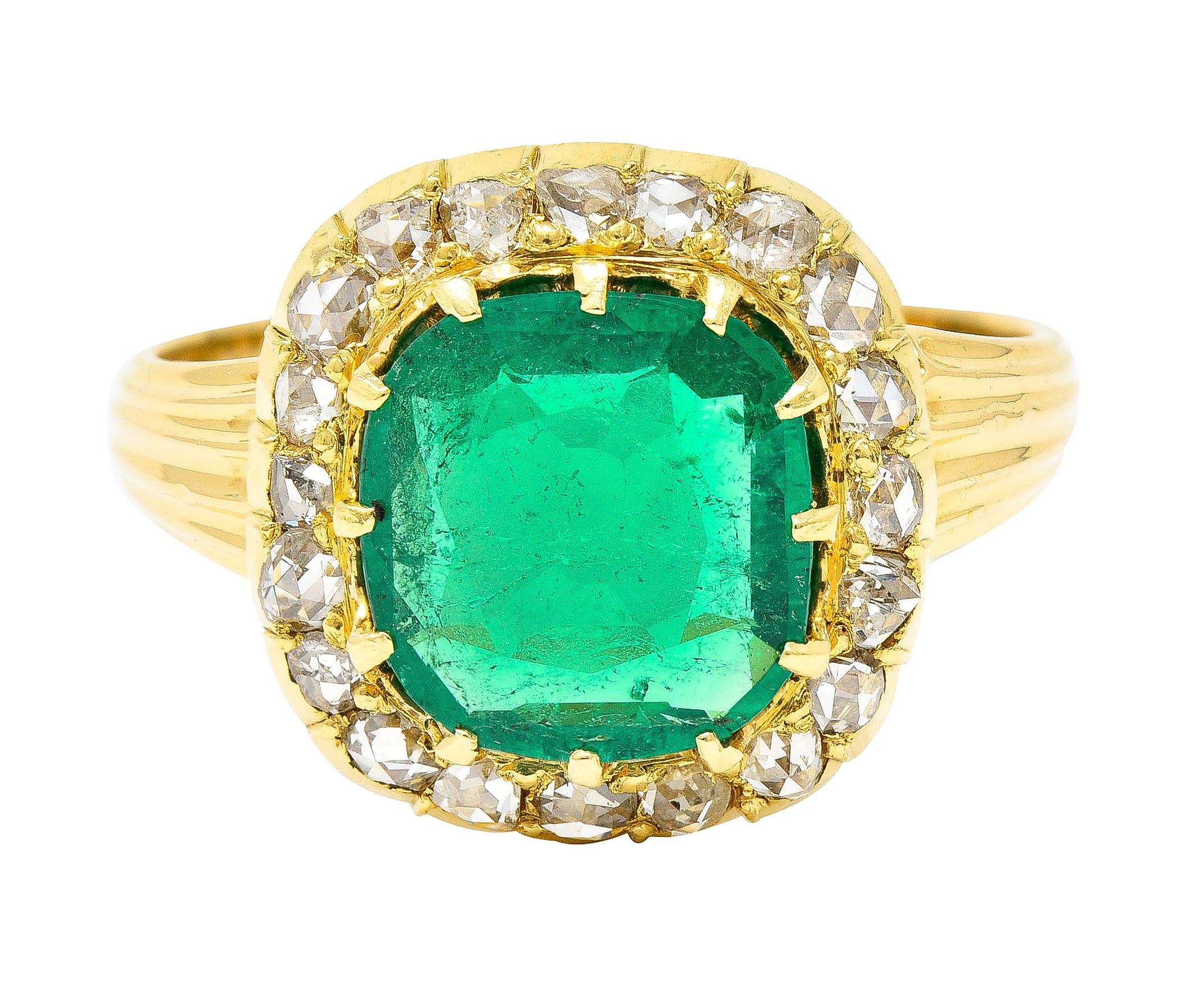 Victorian 2.78 CTW Cushion Cut Colombian Emerald Diamond 18 Karat Yellow Gold Antique Halo Ring AGL Wilson's Estate Jewelry